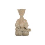 A CHINESE POTTERY FIGURE OF A SEATED MUSICIAN.