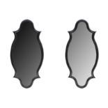 A pair of bespoke black lacquered cartouche form mirrors by William Sainsbury