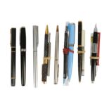 A small collection of fountain pens, biros and rollerballs