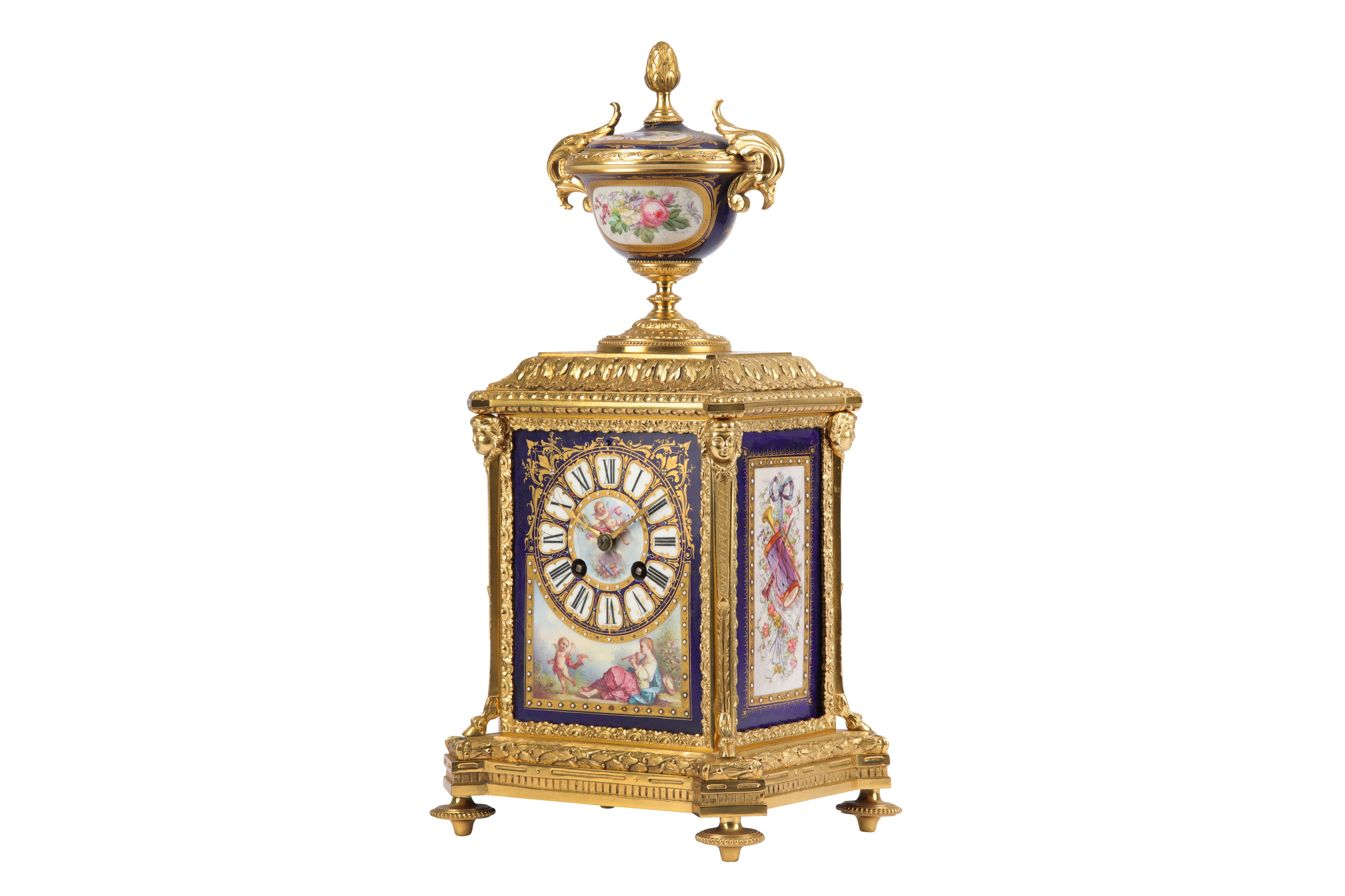 A THIRD QUARTER 19TH CENTURY FRENCH NAPOLEON III GILT BRONZE AND SERVES PORCELAIN MANTEL CLOCK