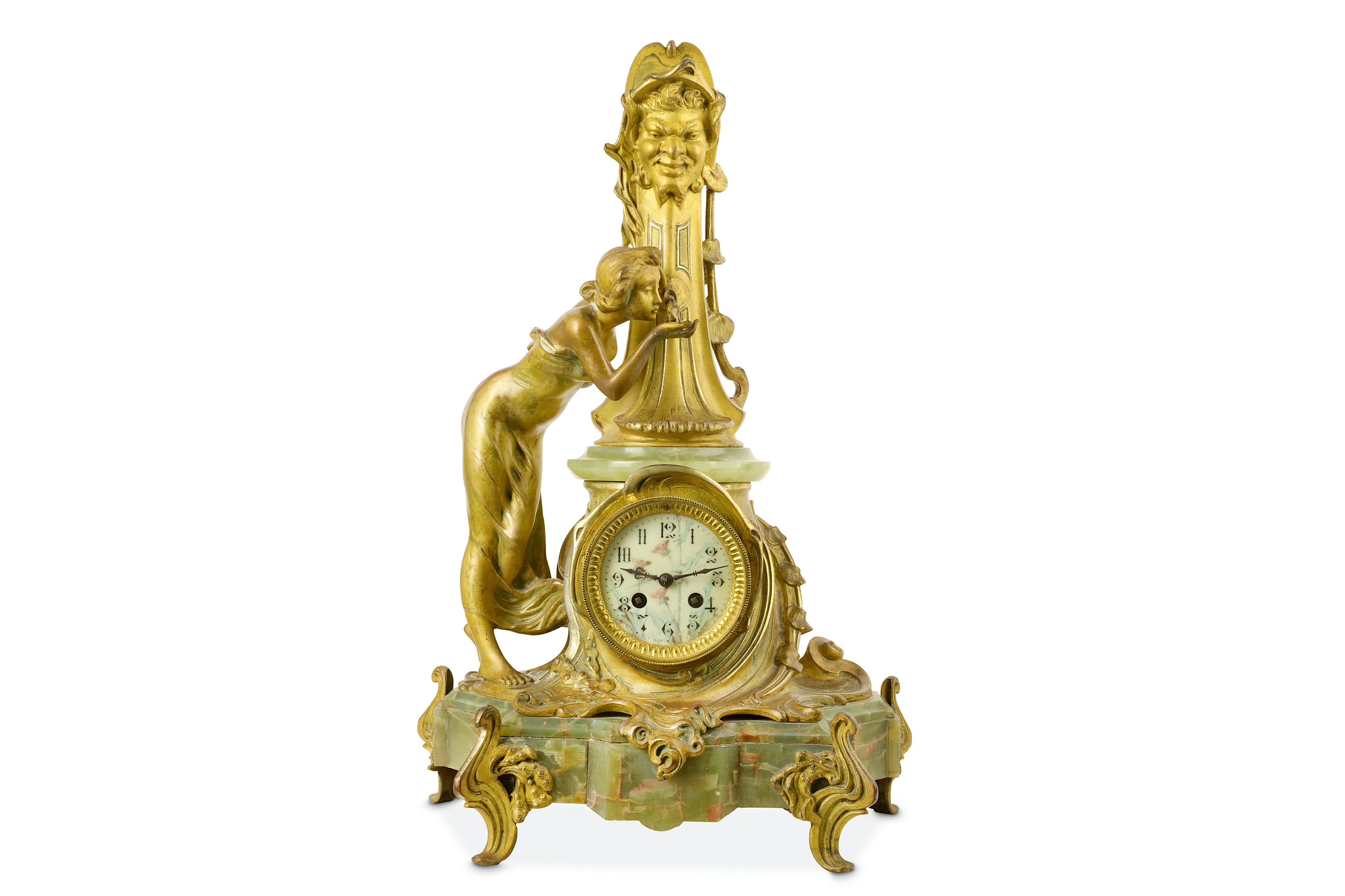 AN EARLY 20TH CENTURY ART NOUVEAU STYLE GILT BRONZE AND ONYX FIGURAL MANTEL CLOCK 'LA SOURCE'