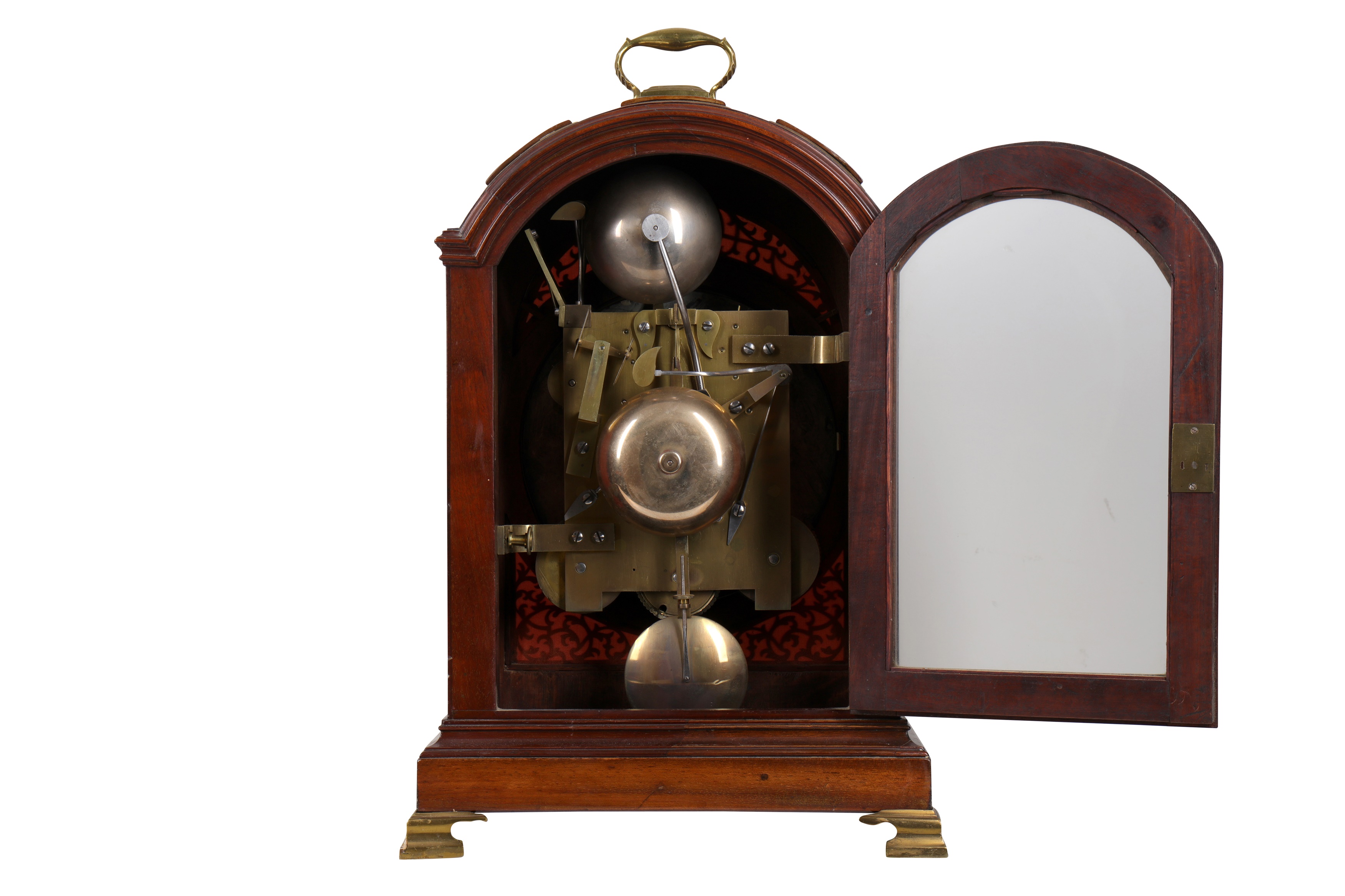 AN EARLY 19TH CENTURY ENGLISH MAHOGANY AND BRASS MOUNTED TRIPLE FUSEE EIGHT BELL TABLE / BRACKET - Image 3 of 7