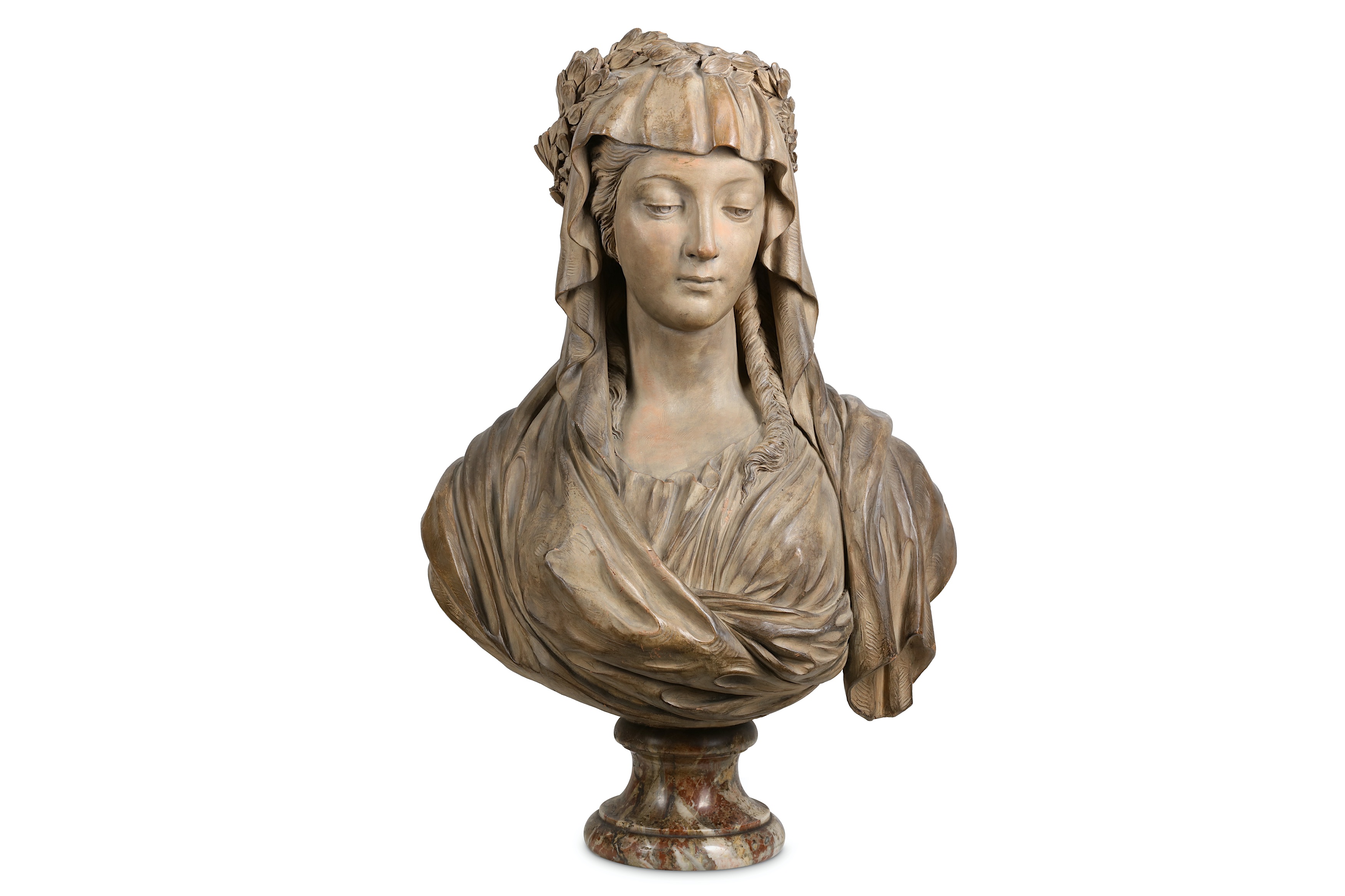 AN EARLY 19TH CENTURY FRENCH TERRACOTTA BUST OF A VESTAL VIRGIN