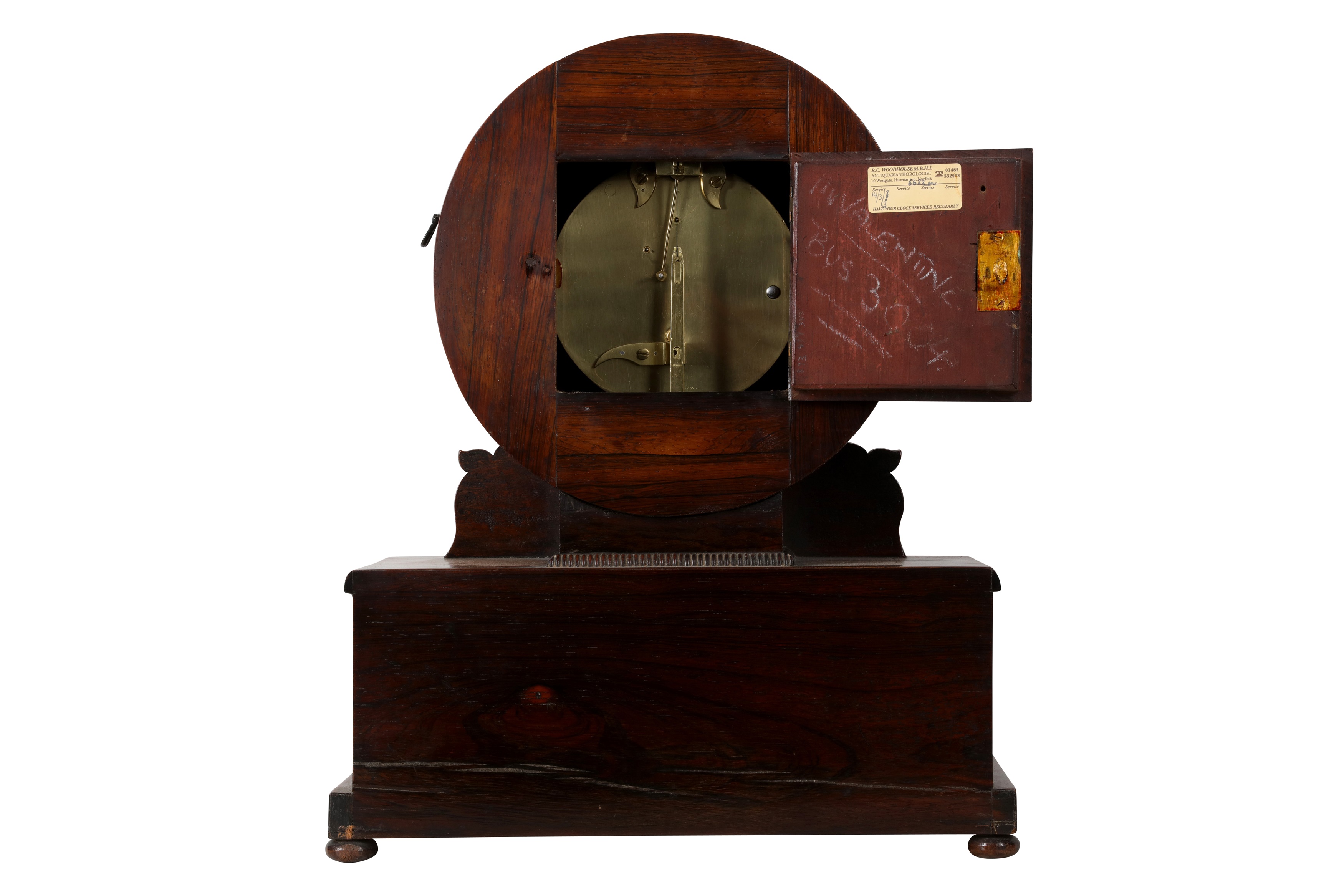 A 19TH CENTURY ENGLISH WILLIAM IV PERIOD ROSEWOOD AND INLAID CUT BRASS INLAID DIAL CLOCK - Image 4 of 6