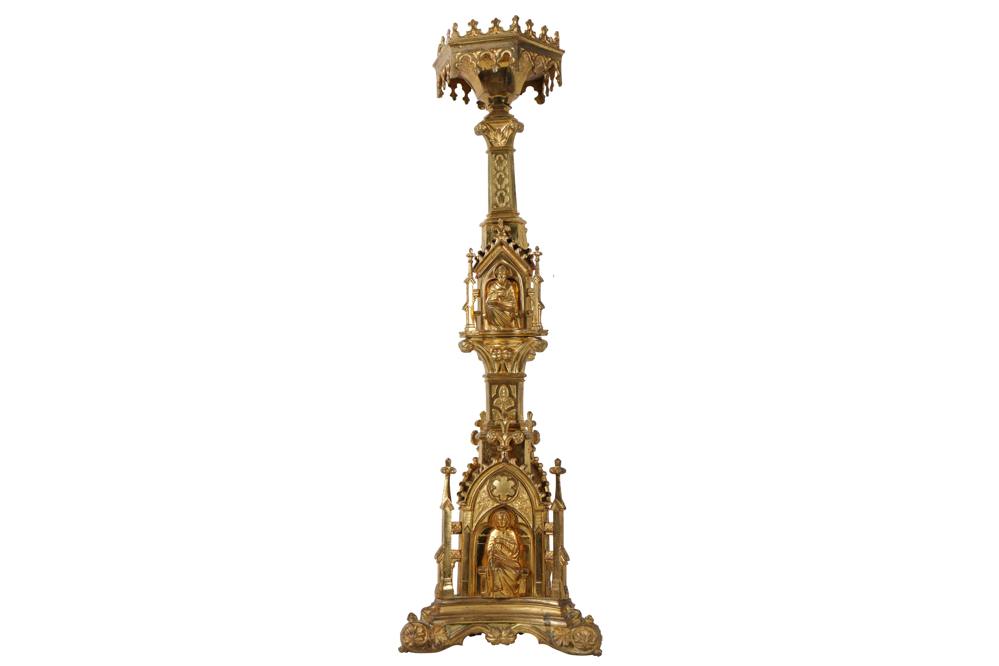 A 19TH CENTURY FRENCH NEO-GOTHIC GILT BRONZE ECCLESIASTICAL CANDLE HOLDER - Image 3 of 3