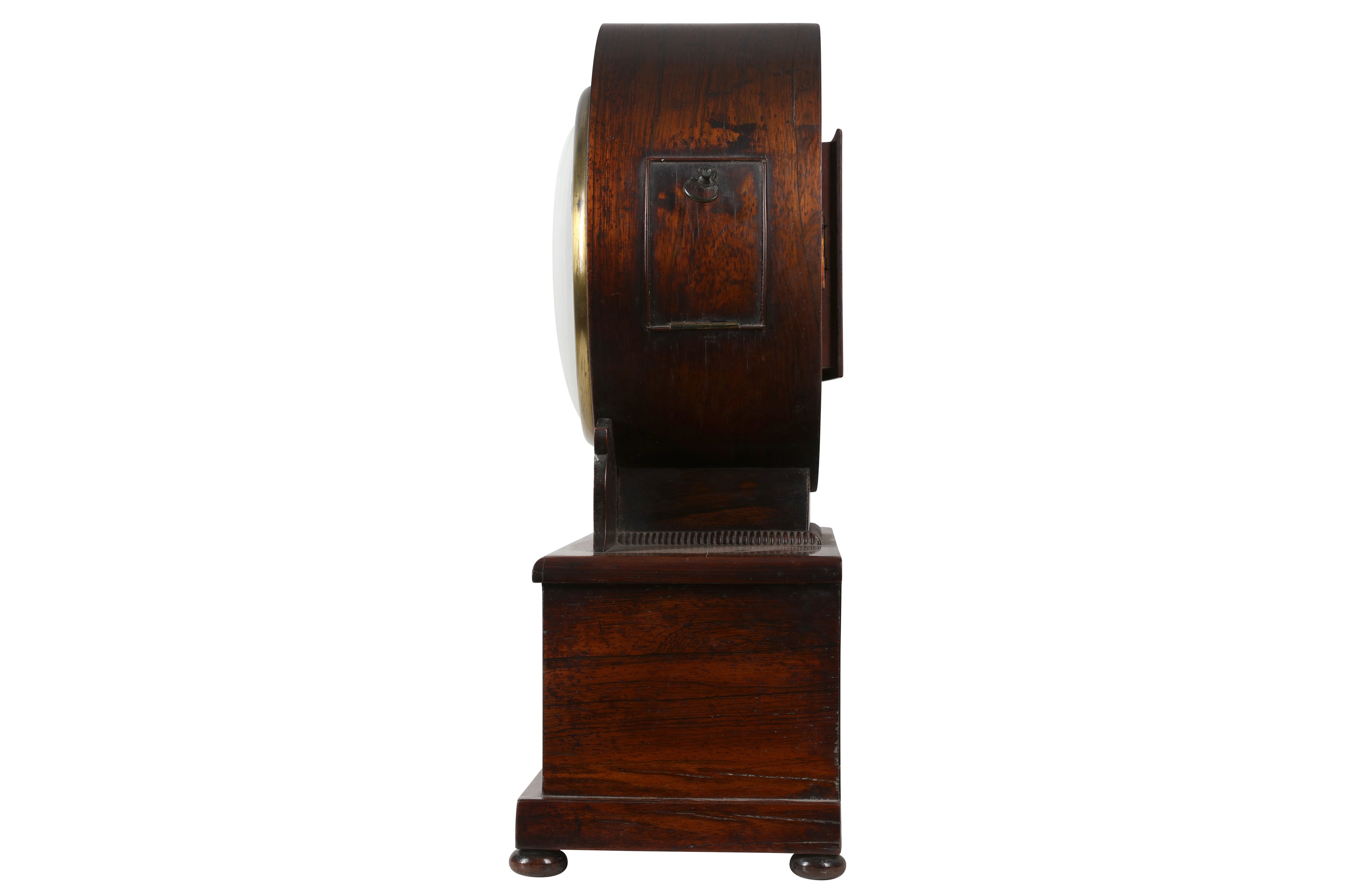 A 19TH CENTURY ENGLISH WILLIAM IV PERIOD ROSEWOOD AND INLAID CUT BRASS INLAID DIAL CLOCK - Image 3 of 6