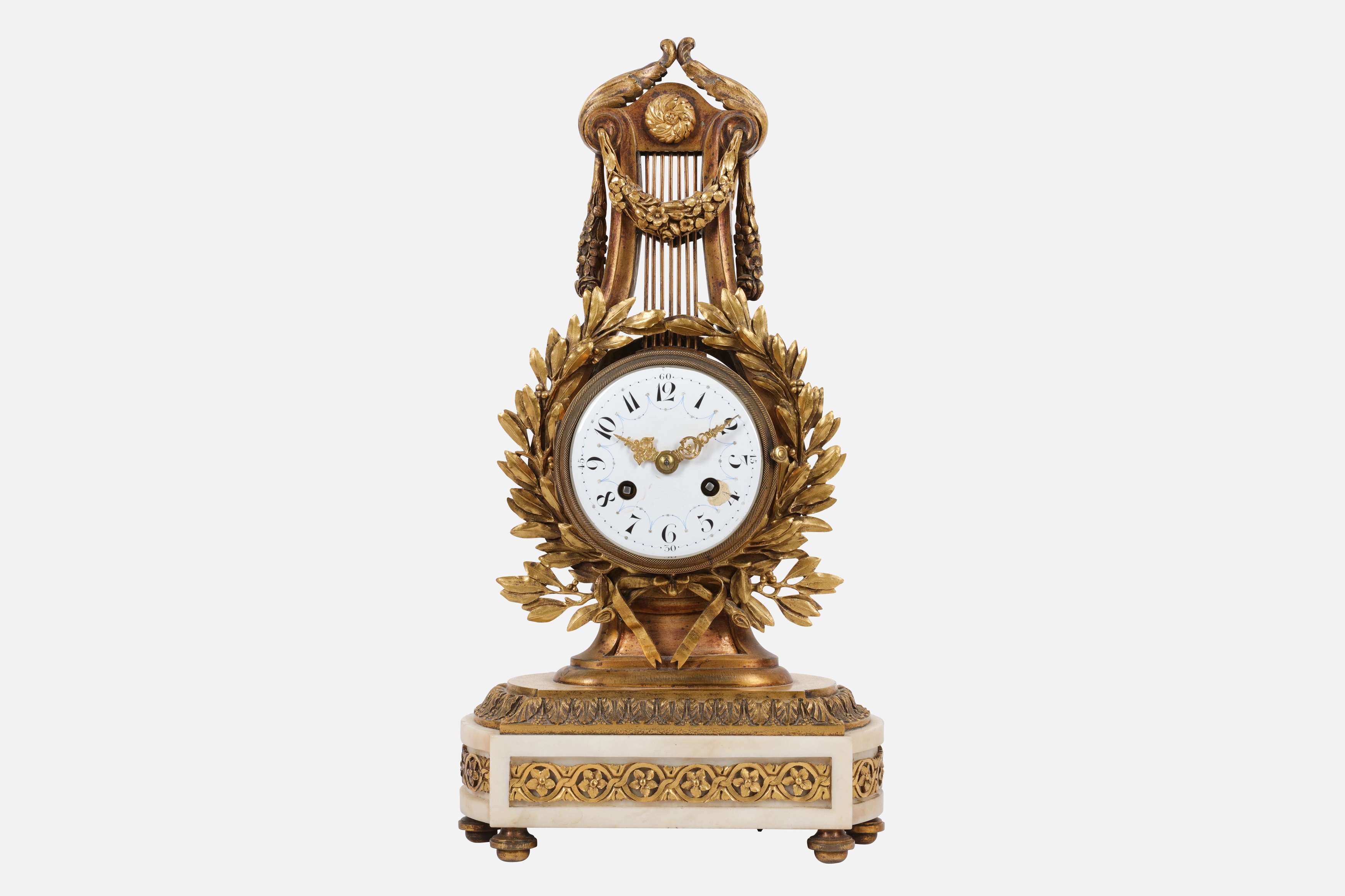 A LATE 19TH CENTURY FRENCH GILT BRONZE AND WHITE MARBLE LYRE MANTEL CLOCK