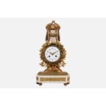 A LATE 19TH CENTURY FRENCH GILT BRONZE AND WHITE MARBLE LYRE MANTEL CLOCK