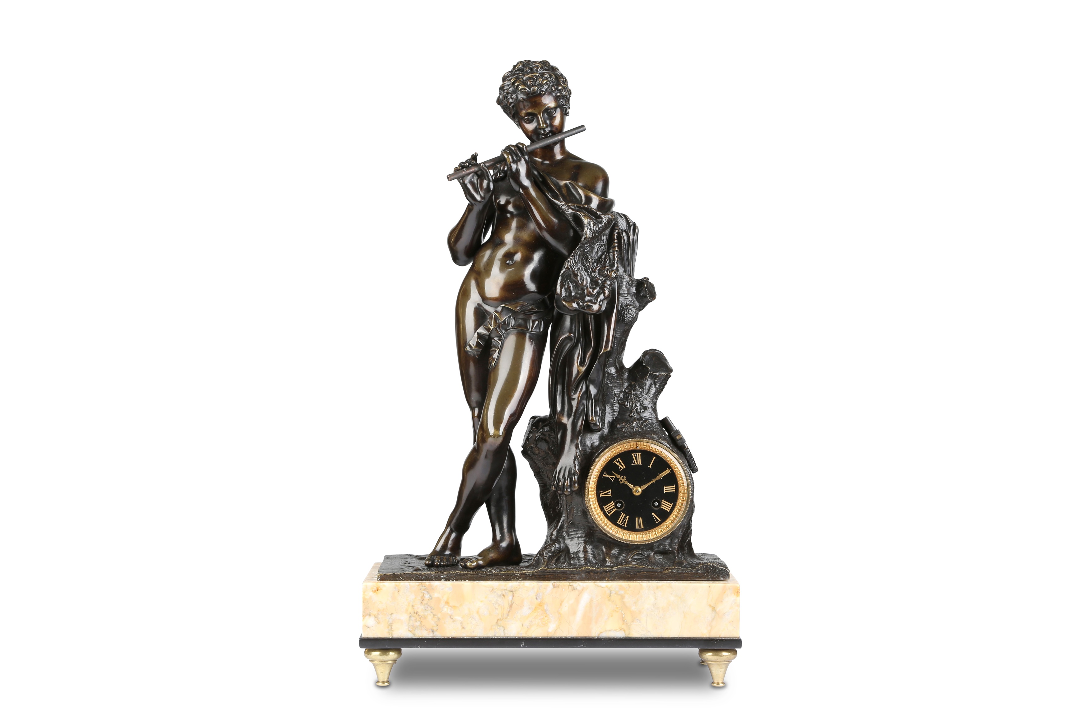 A LATE 19TH CENTURY FRENCH PATINATED BRONZE FIGURAL CLOCK DEPICTING A SATYR