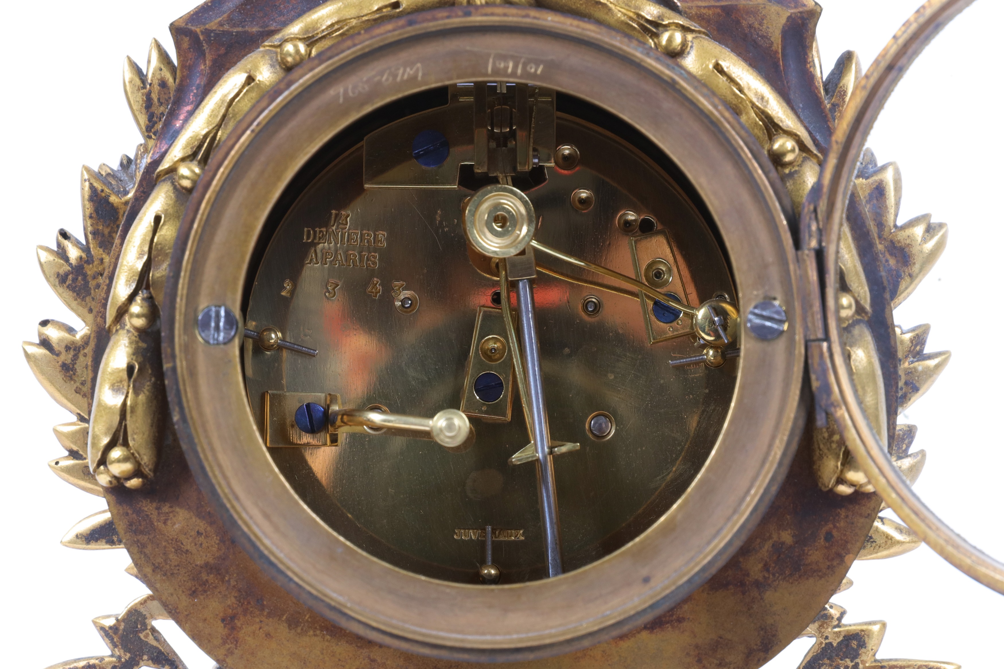 A LATE 19TH CENTURY FRENCH GILT BRONZE AND WHITE MARBLE LYRE MANTEL CLOCK - Image 5 of 5