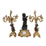 A VERY LARGE LATE 19TH CENTURY FRENCH GILT AND PATINATED BRONZE FIGURAL CLOCK GARNITURE