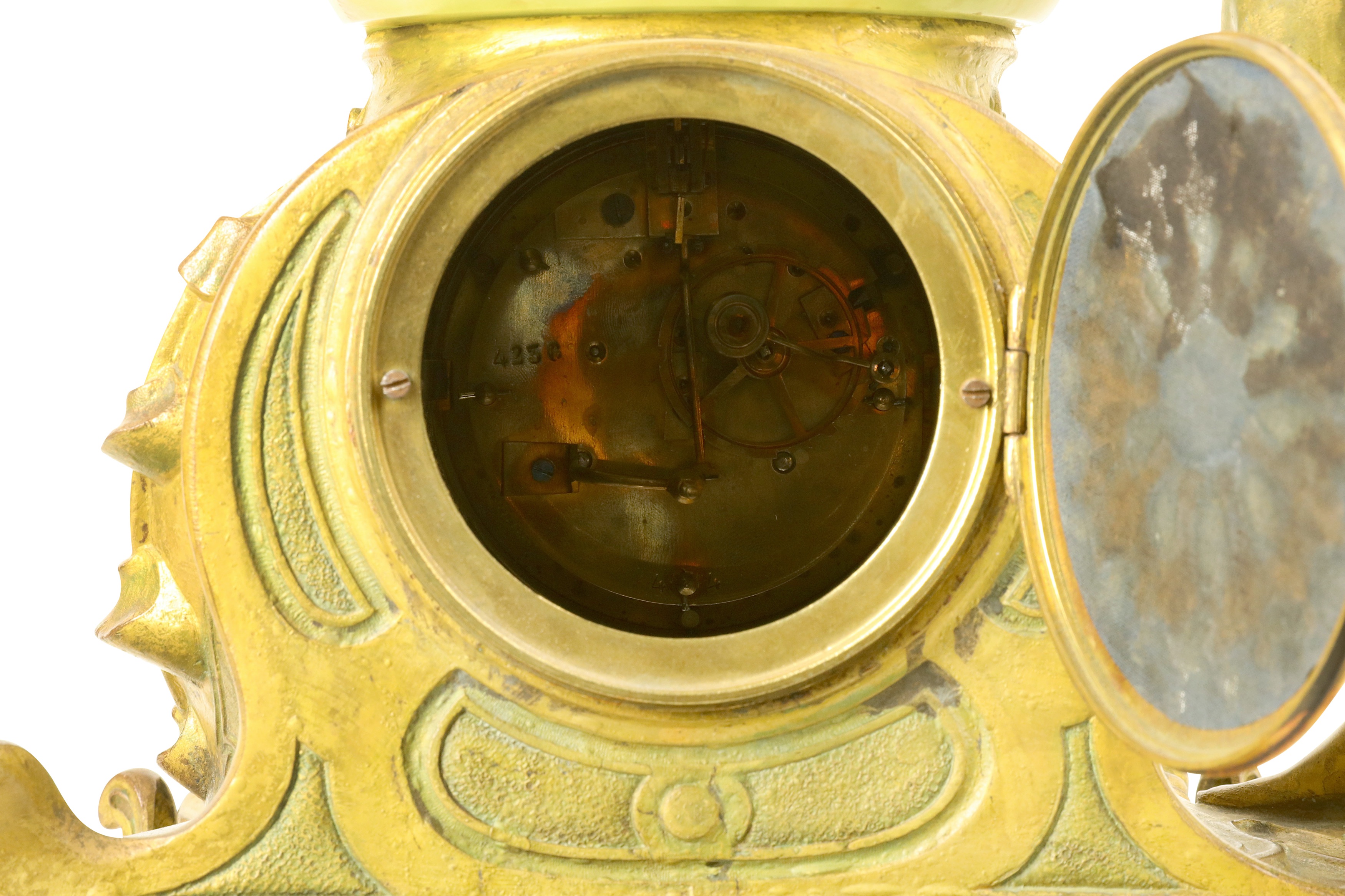 AN EARLY 20TH CENTURY ART NOUVEAU STYLE GILT BRONZE AND ONYX FIGURAL MANTEL CLOCK 'LA SOURCE' - Image 6 of 6