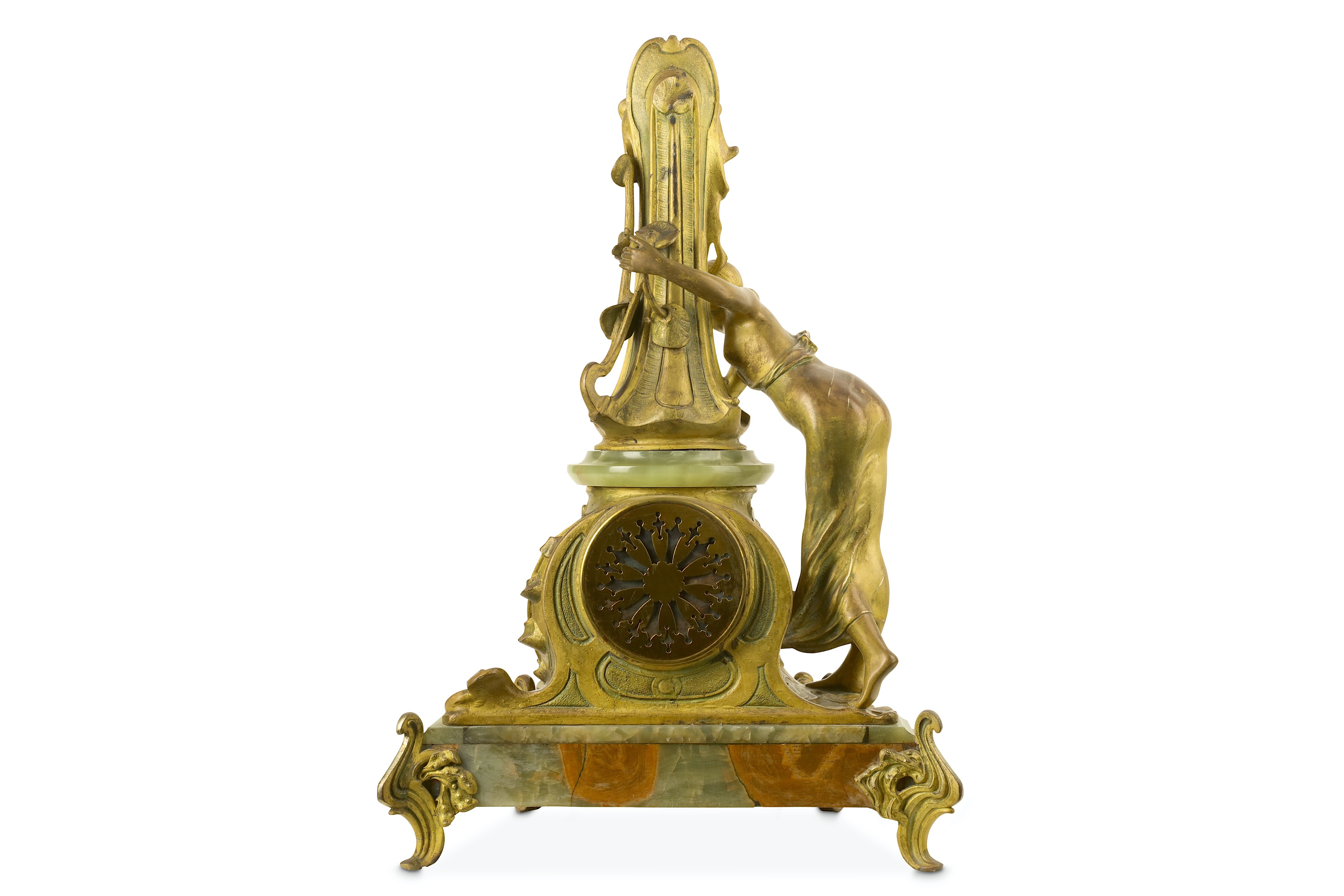 AN EARLY 20TH CENTURY ART NOUVEAU STYLE GILT BRONZE AND ONYX FIGURAL MANTEL CLOCK 'LA SOURCE' - Image 3 of 6