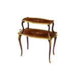 A 20TH CENTURY FRENCH GILT BRONZE MOUNTED KINGWOOD AND MARQUETRY TWO TIER ETAGERE