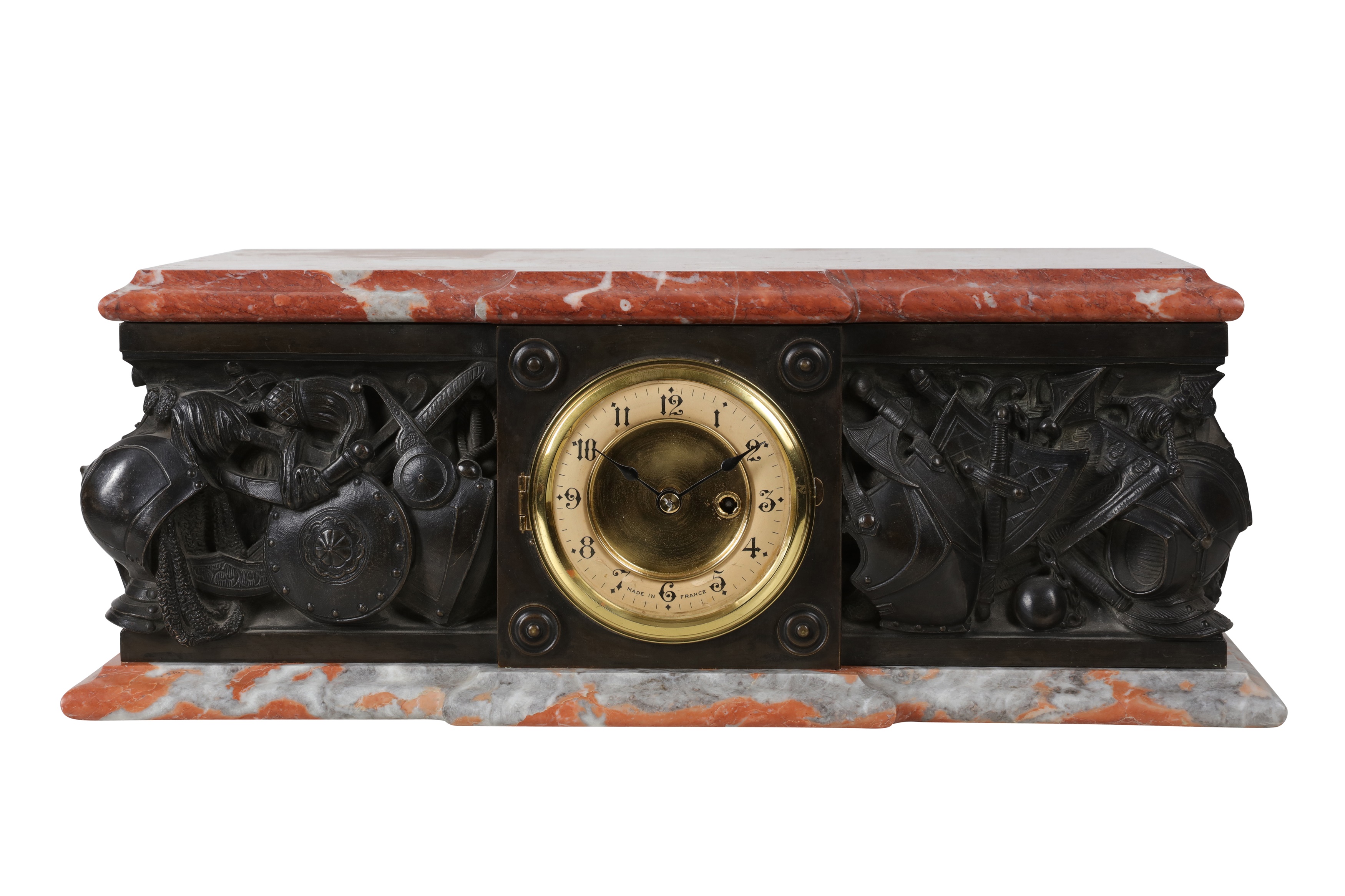 AN EARLY 20TH CENTURY FRENCH PATINATED BRONZE AND RED MARBLE PLINTH CLOCK