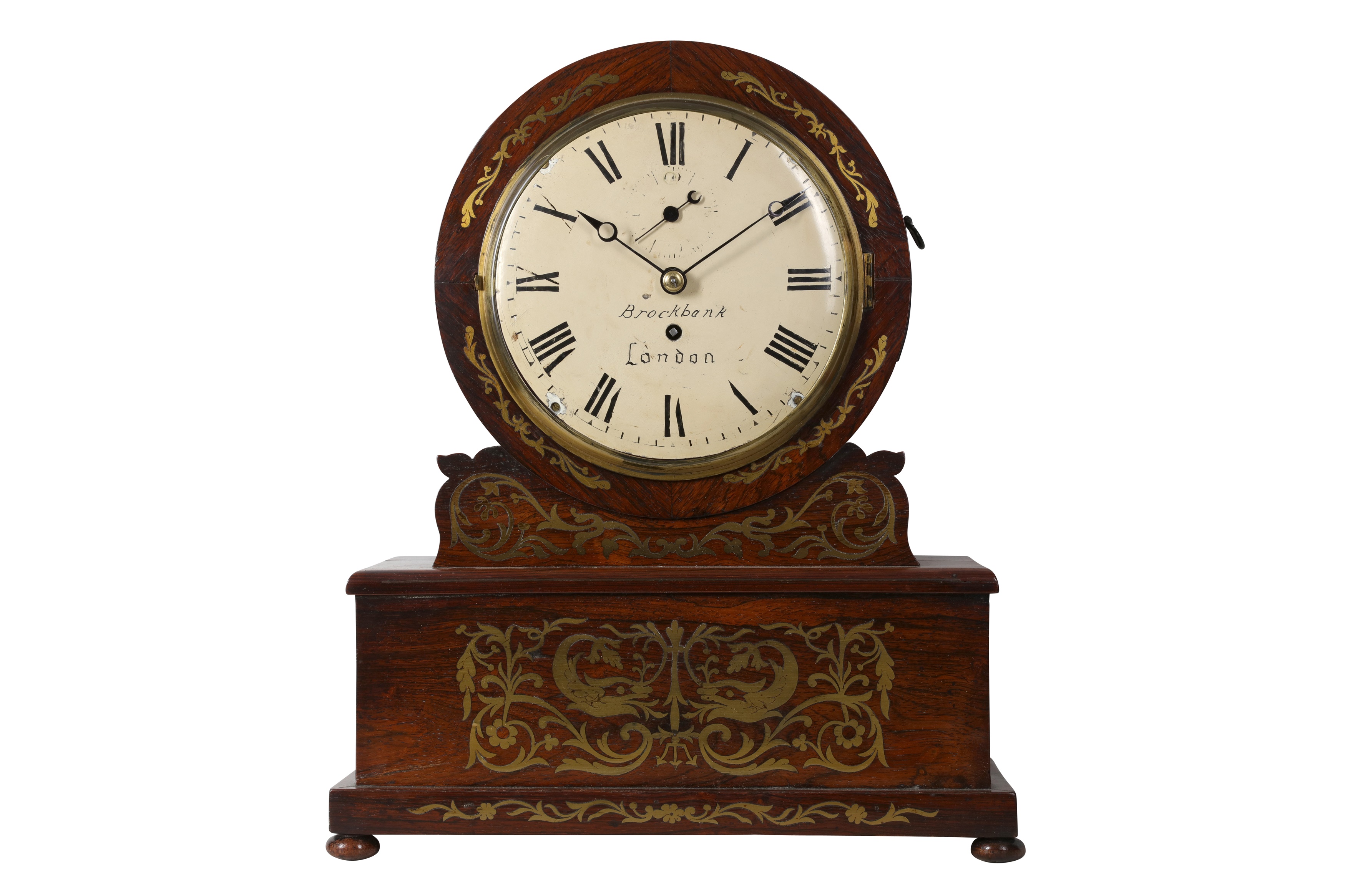 A 19TH CENTURY ENGLISH WILLIAM IV PERIOD ROSEWOOD AND INLAID CUT BRASS INLAID DIAL CLOCK