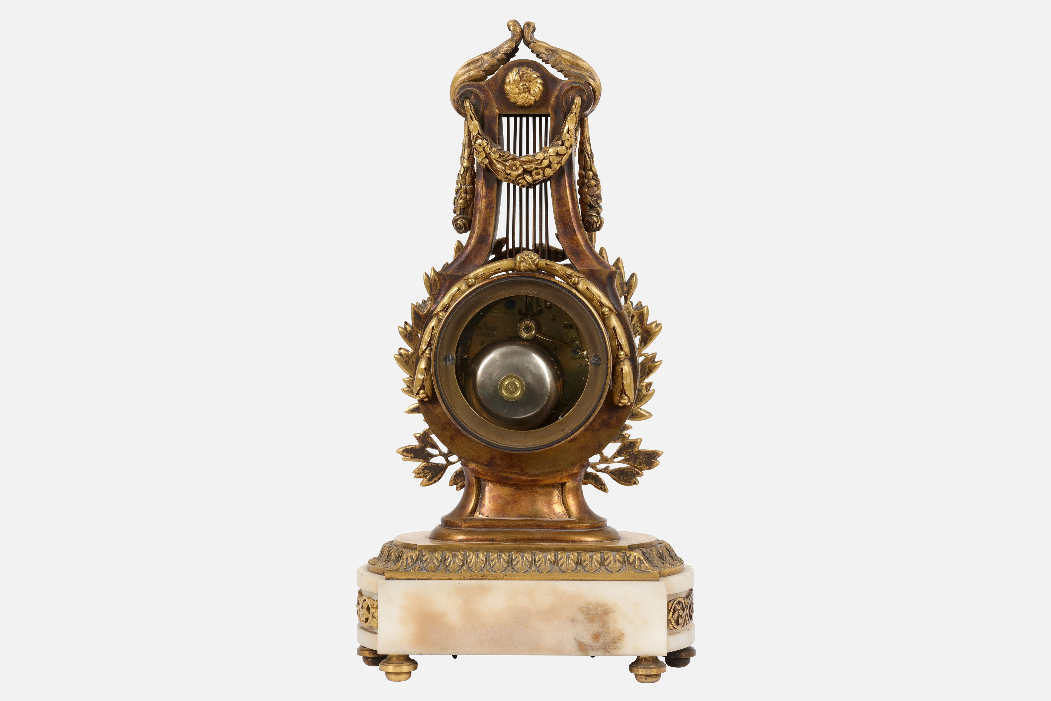 A LATE 19TH CENTURY FRENCH GILT BRONZE AND WHITE MARBLE LYRE MANTEL CLOCK - Image 2 of 5