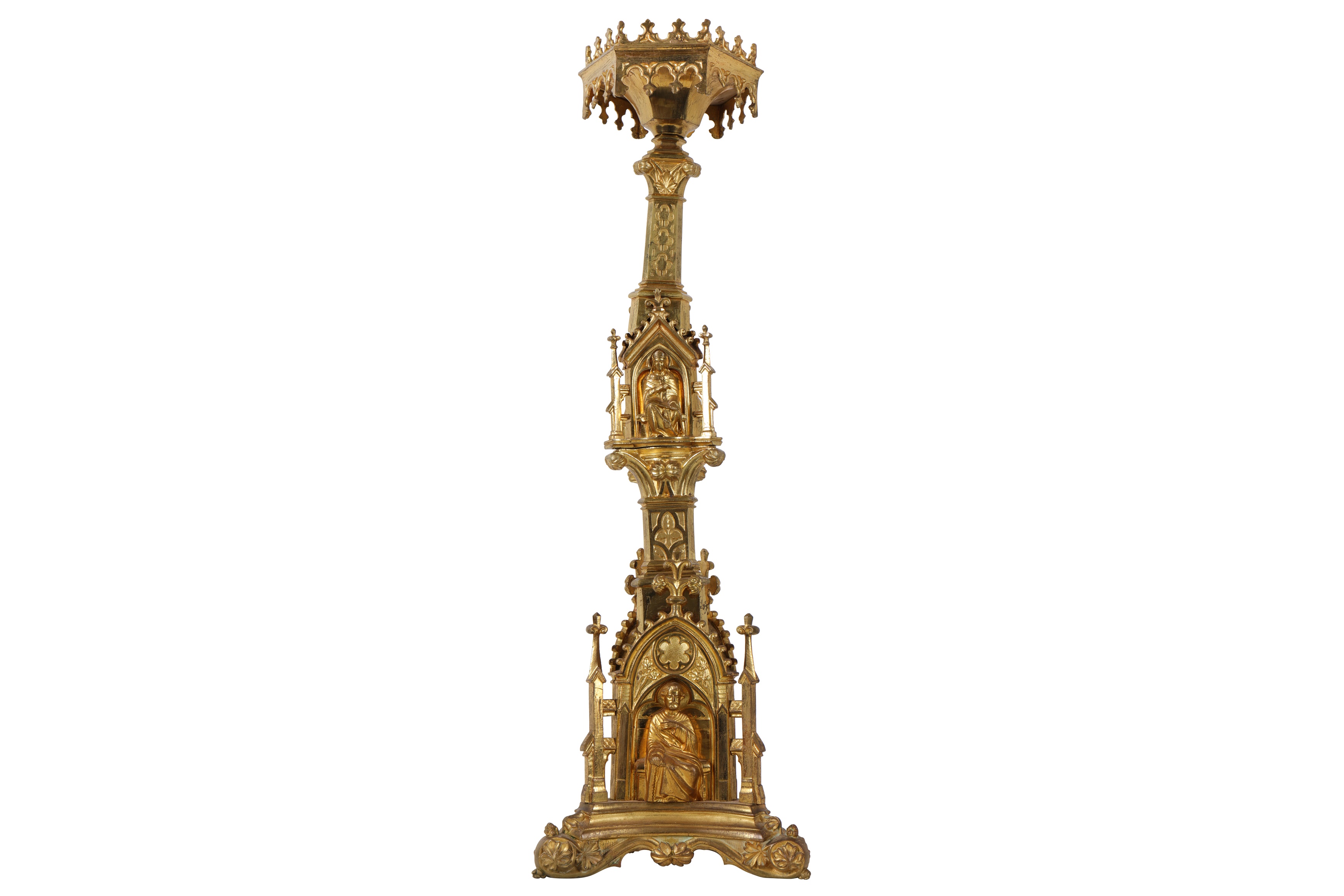 A 19TH CENTURY FRENCH NEO-GOTHIC GILT BRONZE ECCLESIASTICAL CANDLE HOLDER - Image 2 of 3