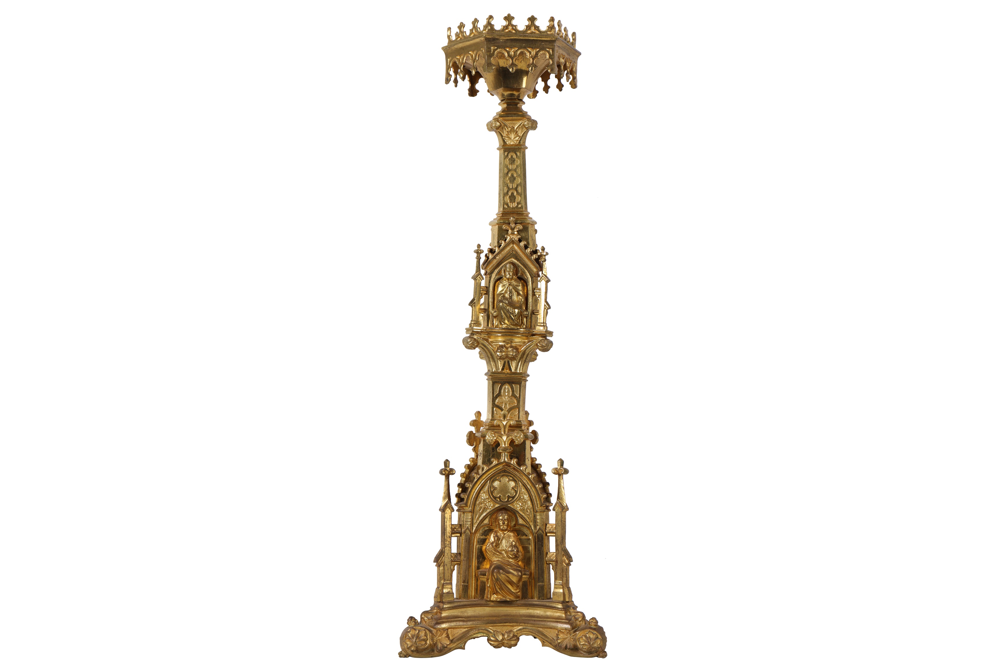 A 19TH CENTURY FRENCH NEO-GOTHIC GILT BRONZE ECCLESIASTICAL CANDLE HOLDER