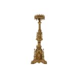 A 19TH CENTURY FRENCH NEO-GOTHIC GILT BRONZE ECCLESIASTICAL CANDLE HOLDER