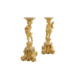 A PAIR OF LATE 19TH / EARLY 20TH CENTURY GILTWOOD TORCHERE STANDS