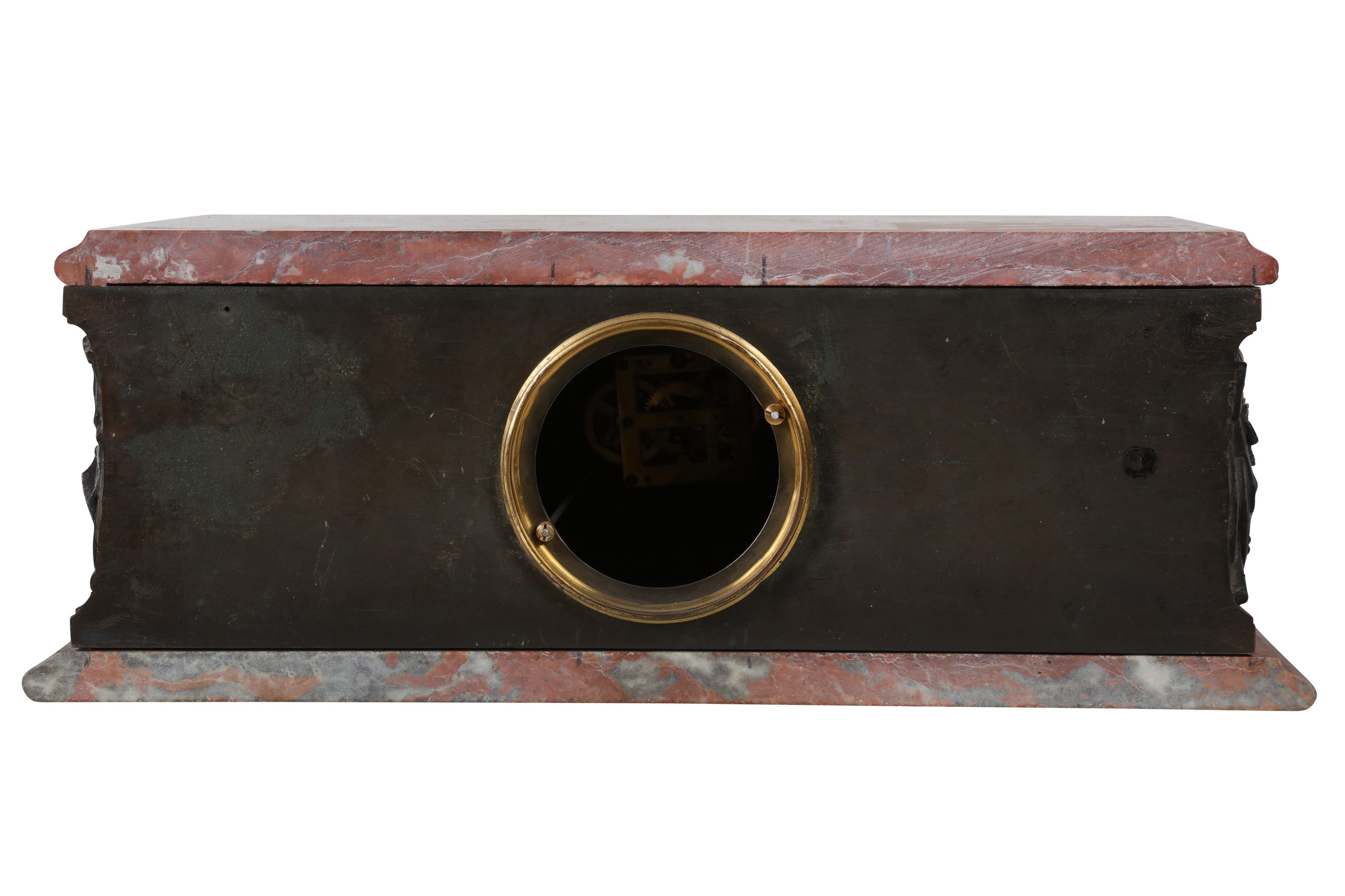 AN EARLY 20TH CENTURY FRENCH PATINATED BRONZE AND RED MARBLE PLINTH CLOCK - Image 4 of 5