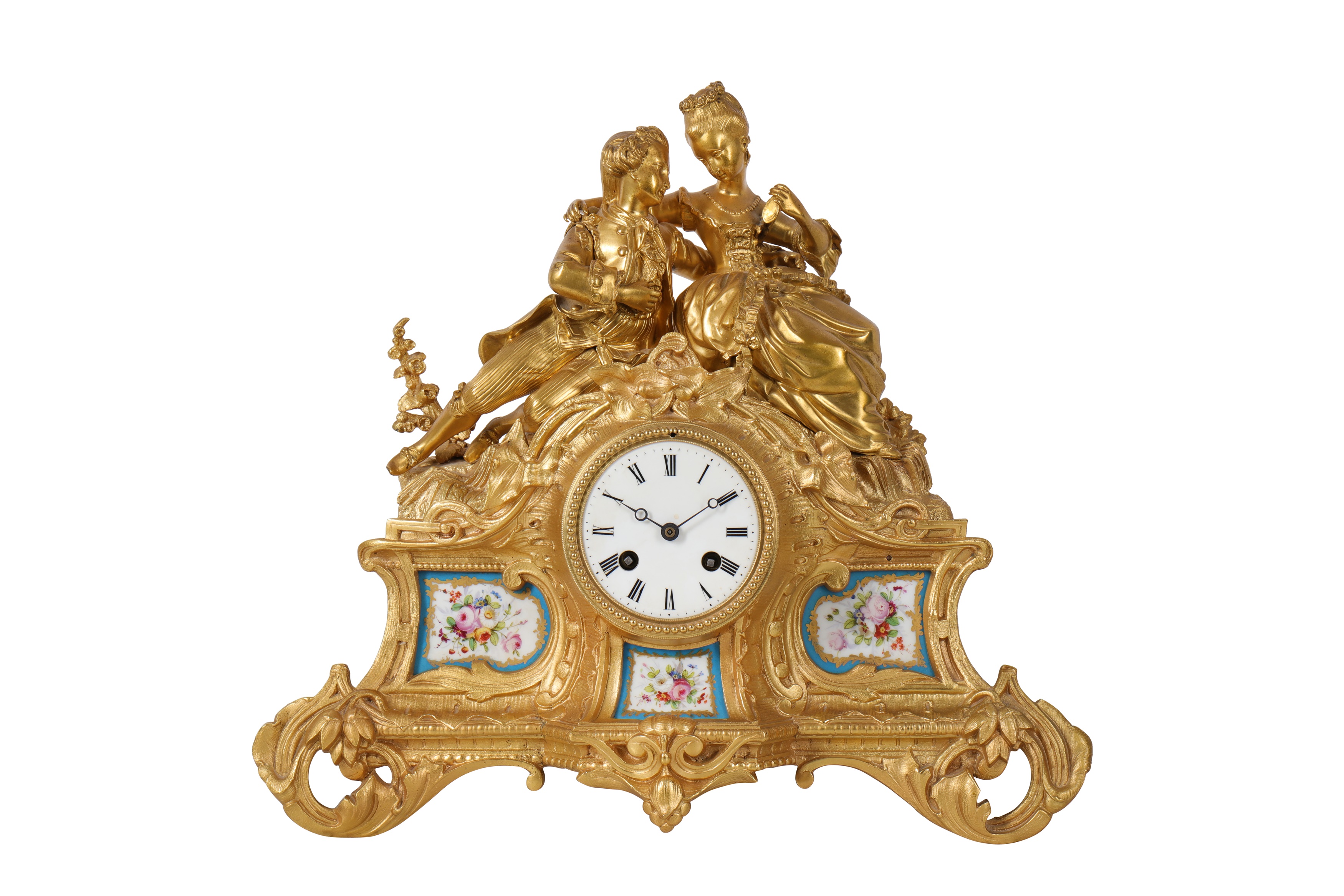 A LATE 19TH CENTURY FRENCH GILT BRONZE AND BLUE PORCELAIN FIGURAL MANTEL CLOCK