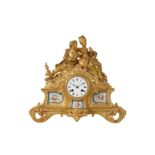 A LATE 19TH CENTURY FRENCH GILT BRONZE AND BLUE PORCELAIN FIGURAL MANTEL CLOCK