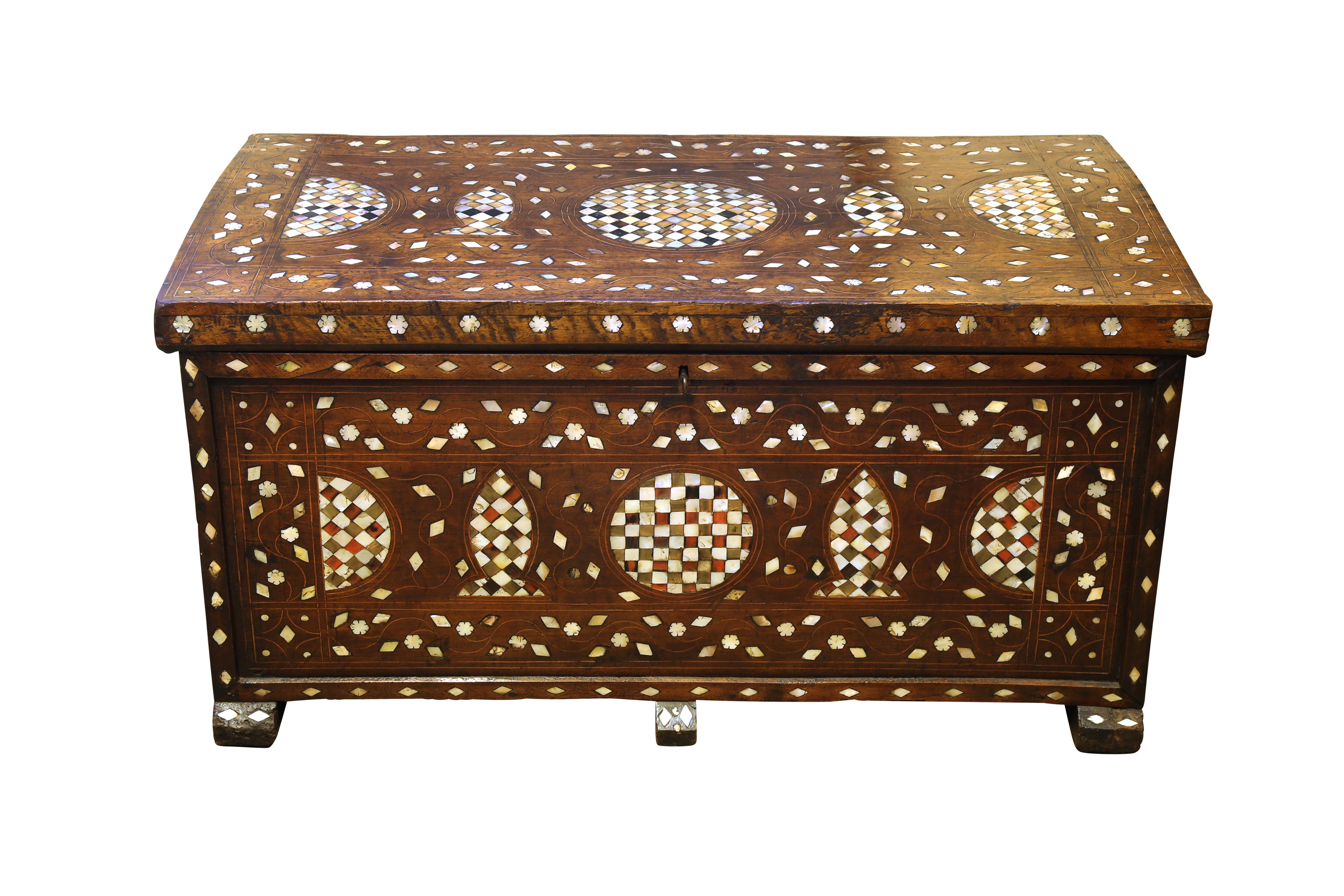 λ A LARGE HARDWOOD MOTHER-OF-PEARL AND TORTOISE SHELL-INLAID OTTOMAN CHEST