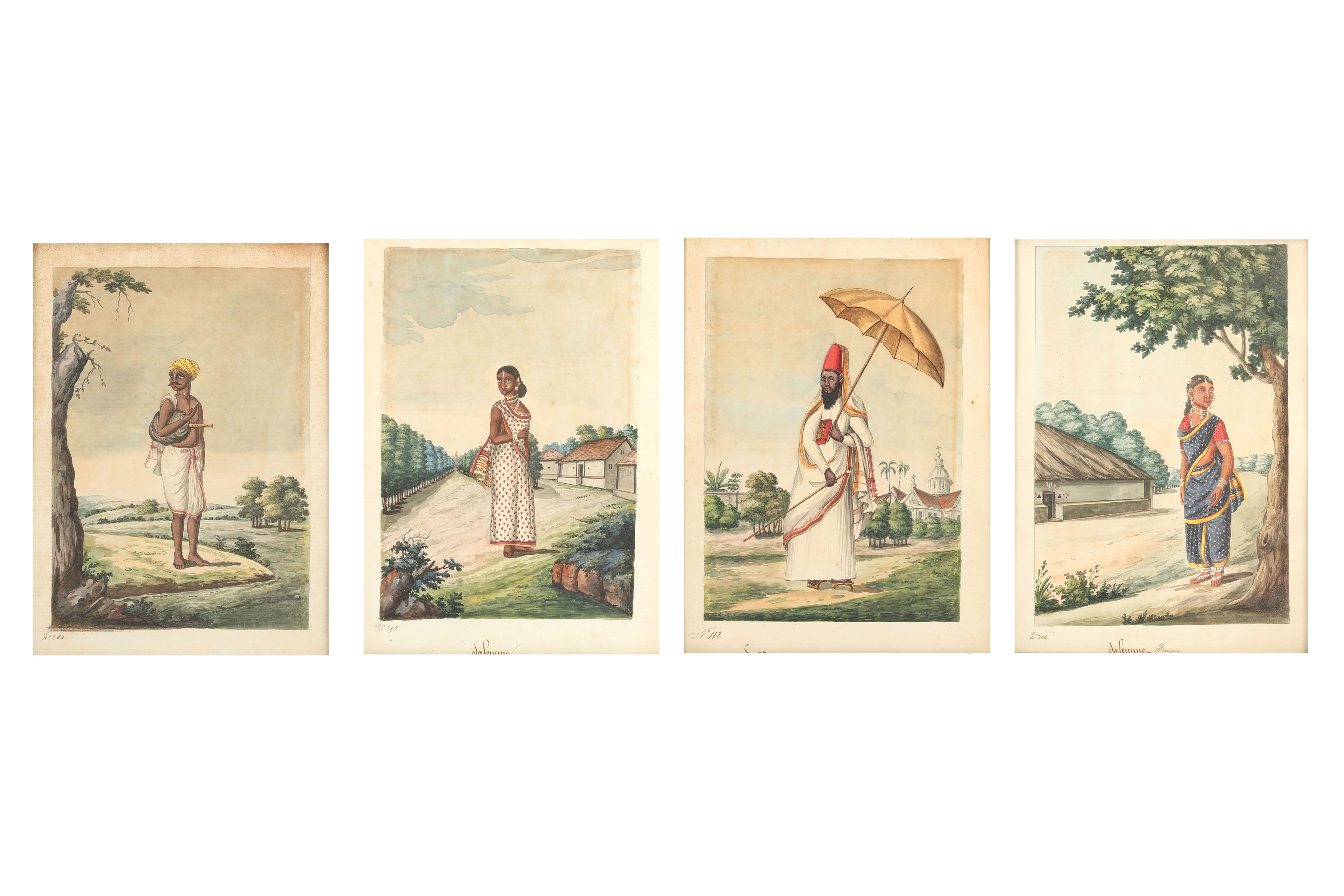 FOUR WATERCOLOURS OF SOUTH INDIAN VILLAGERS AND A CHRISTIAN PRIEST