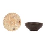 λ A MOTHER-OF-PEARL OPENWORK PLAQUE AND DEAD SEA STONE BOWL