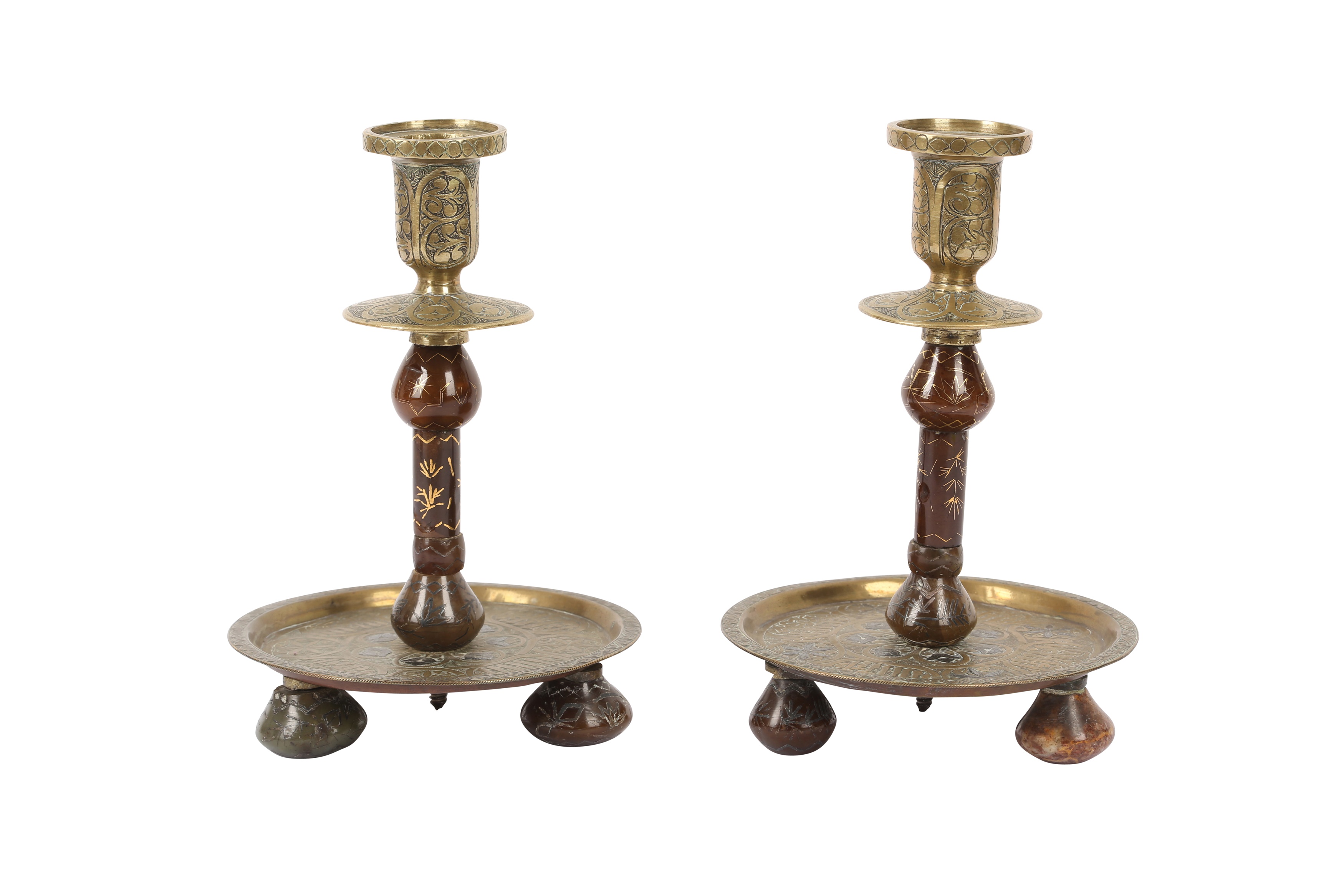 A PAIR OF INLAID AGATE AND ENGRAVED BRASS DAMASCUS-WARE CANDLESTICKS