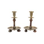 A PAIR OF INLAID AGATE AND ENGRAVED BRASS DAMASCUS-WARE CANDLESTICKS