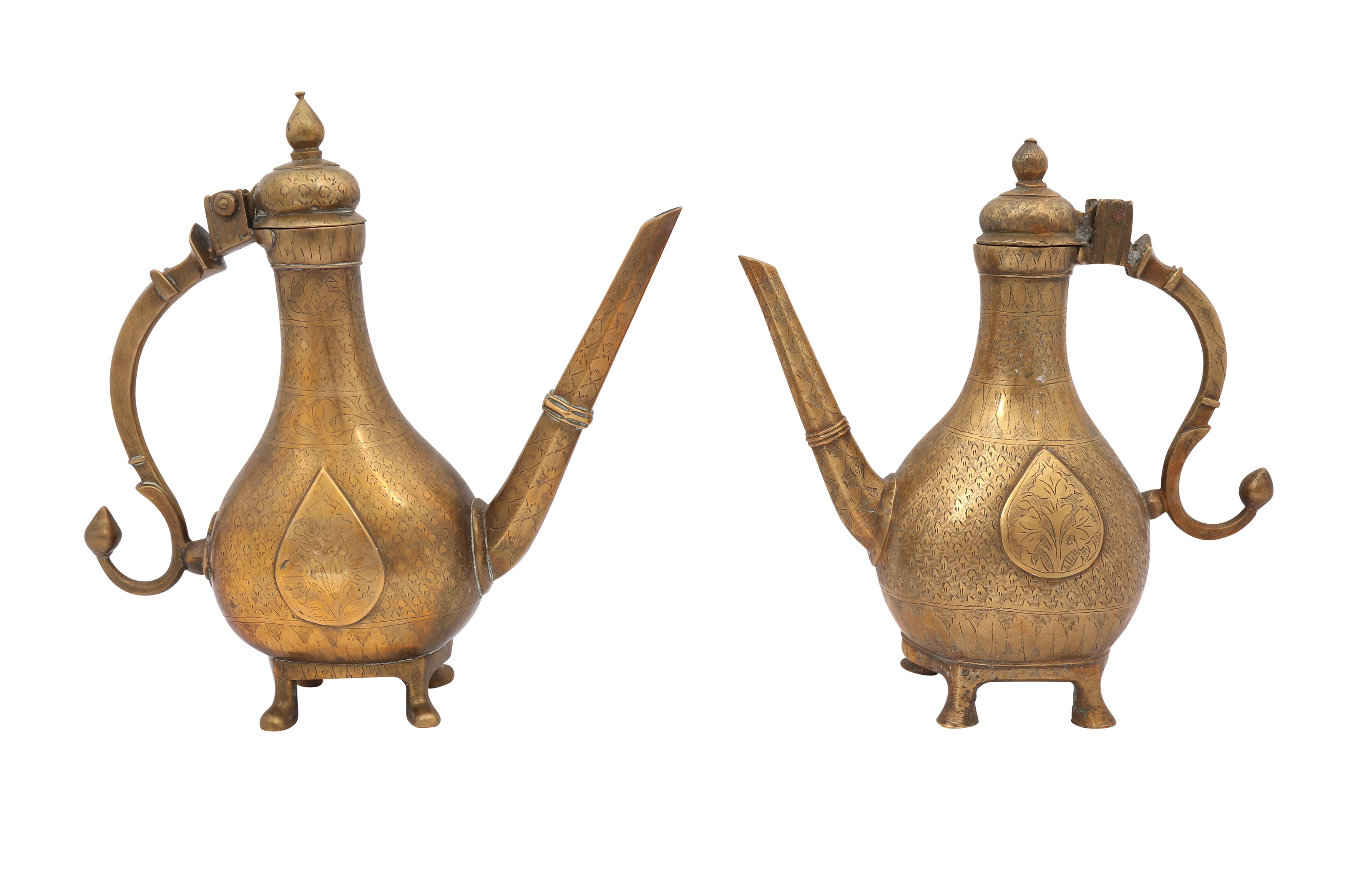 A NEAR PAIR OF ENGRAVED MINIATURE BRASS EWERS (AFTABEH) - Image 2 of 2