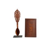 A CARVED FRUITWOOD PORTABLE MIRROR AND CEREMONIAL SHERBET SPOON