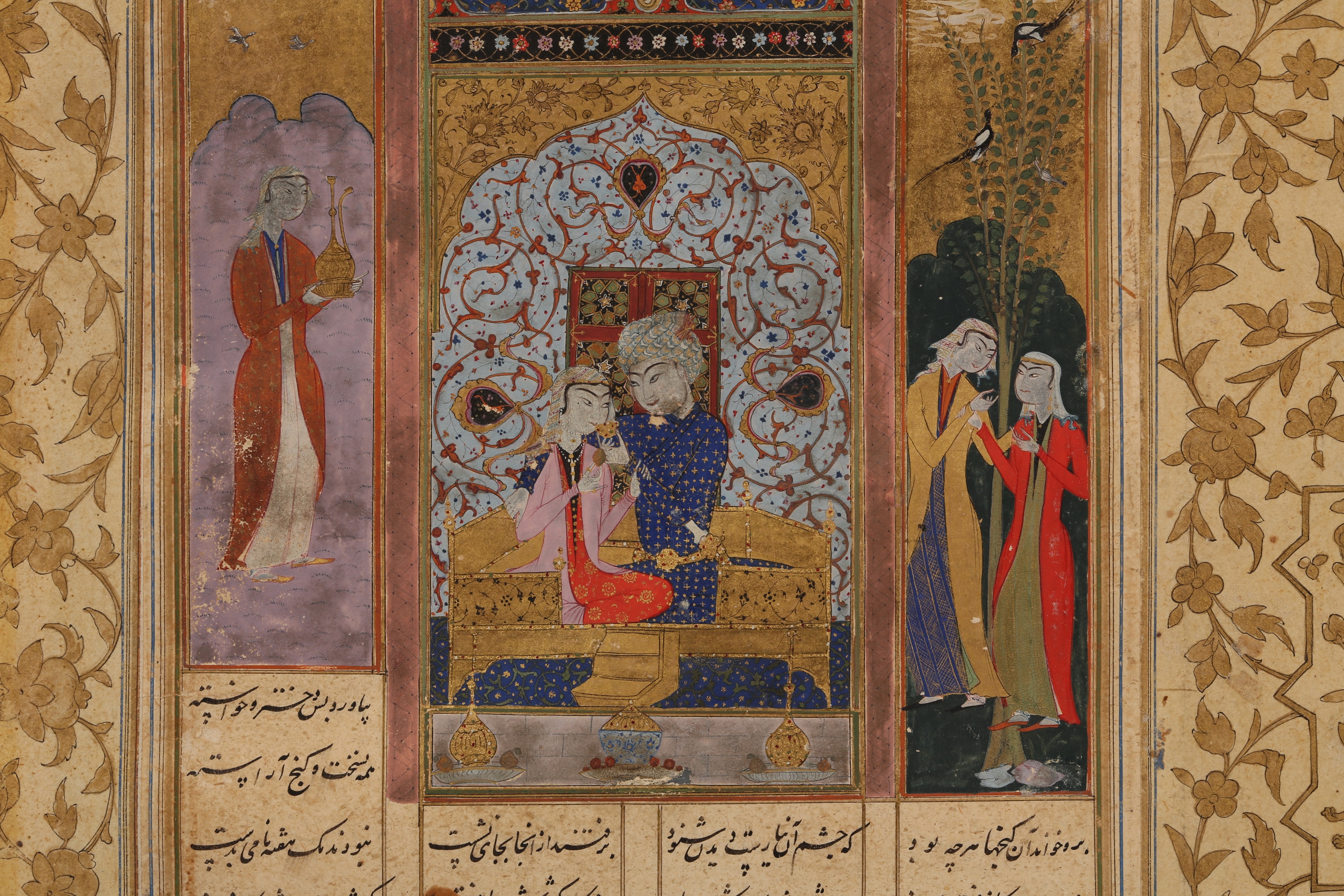 AN ILLUSTRATED LOOSE FOLIO FROM A SHAHNAMA: MEHRAB AND HIS WIFE SINDOKHT ON A THRONE - Image 3 of 5