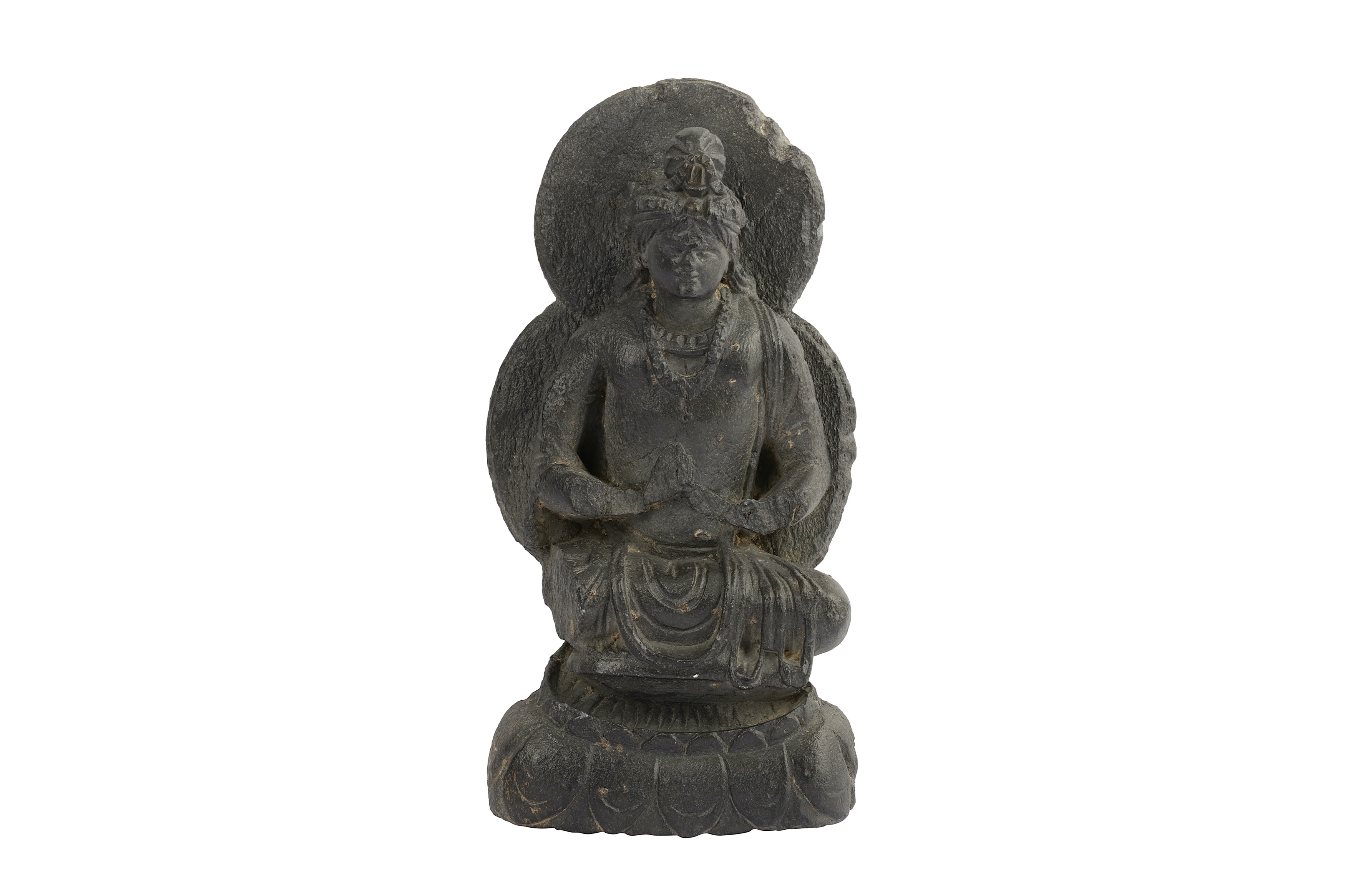 A GREY SCHIST HALOED BODHISATTVA IN MEDITATION