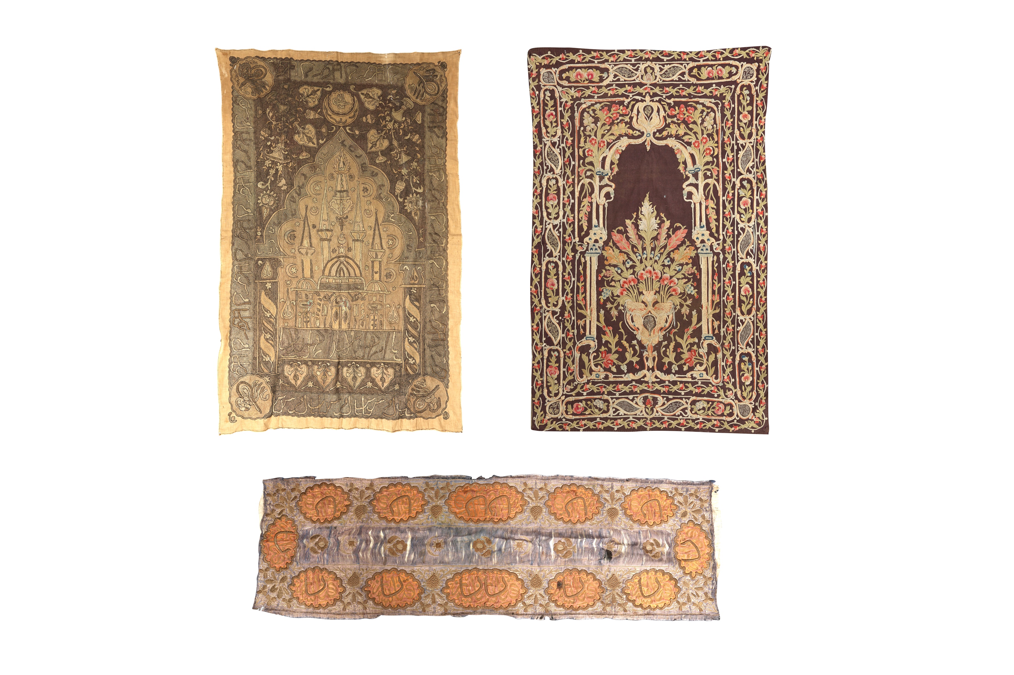 AN EMBROIDERED BANJA LUKA OTTOMAN HANGING AND TWO OTTOMAN PANELS