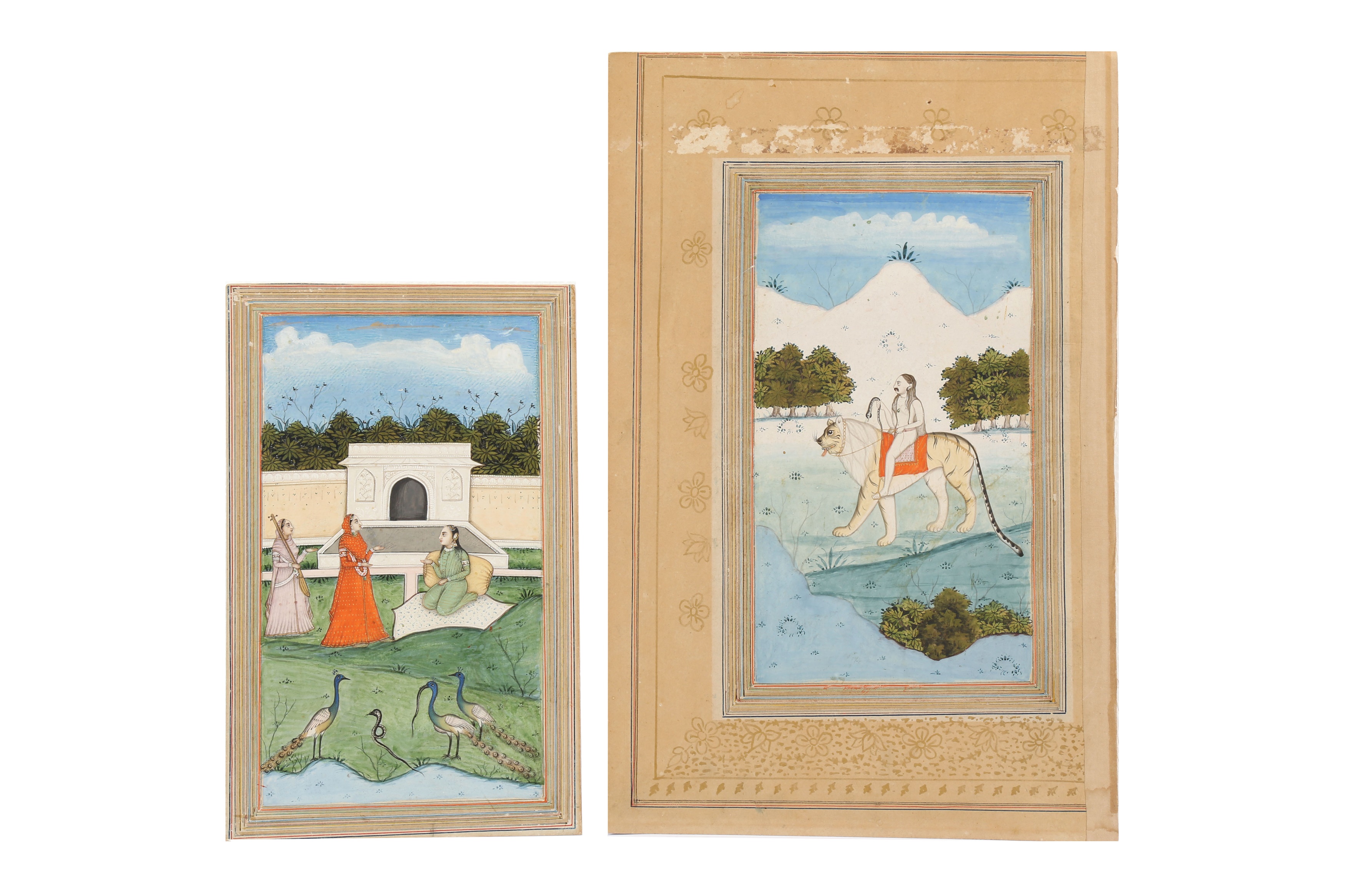 A SADHU RIDING A TIGER IN THE WILDERNESS AND A COURTLY LADY IN A PALATIAL GARDEN