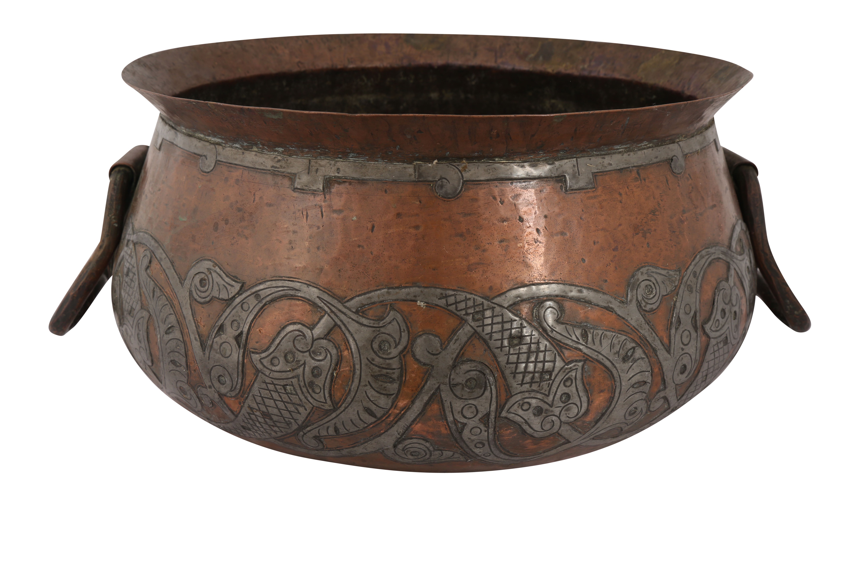 A NEAR PAIR OF ALGERIAN WHITE METAL-OVERLAID COPPER BASINS - Image 6 of 9