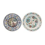 TWO KUBACHI POTTERY DISHES WITH FLORAL MOTIFS