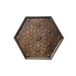 A LARGE PAINTED, GILT AND LACQUERED HARDWOOD HEXAGONAL CEILING CENTREPIECE