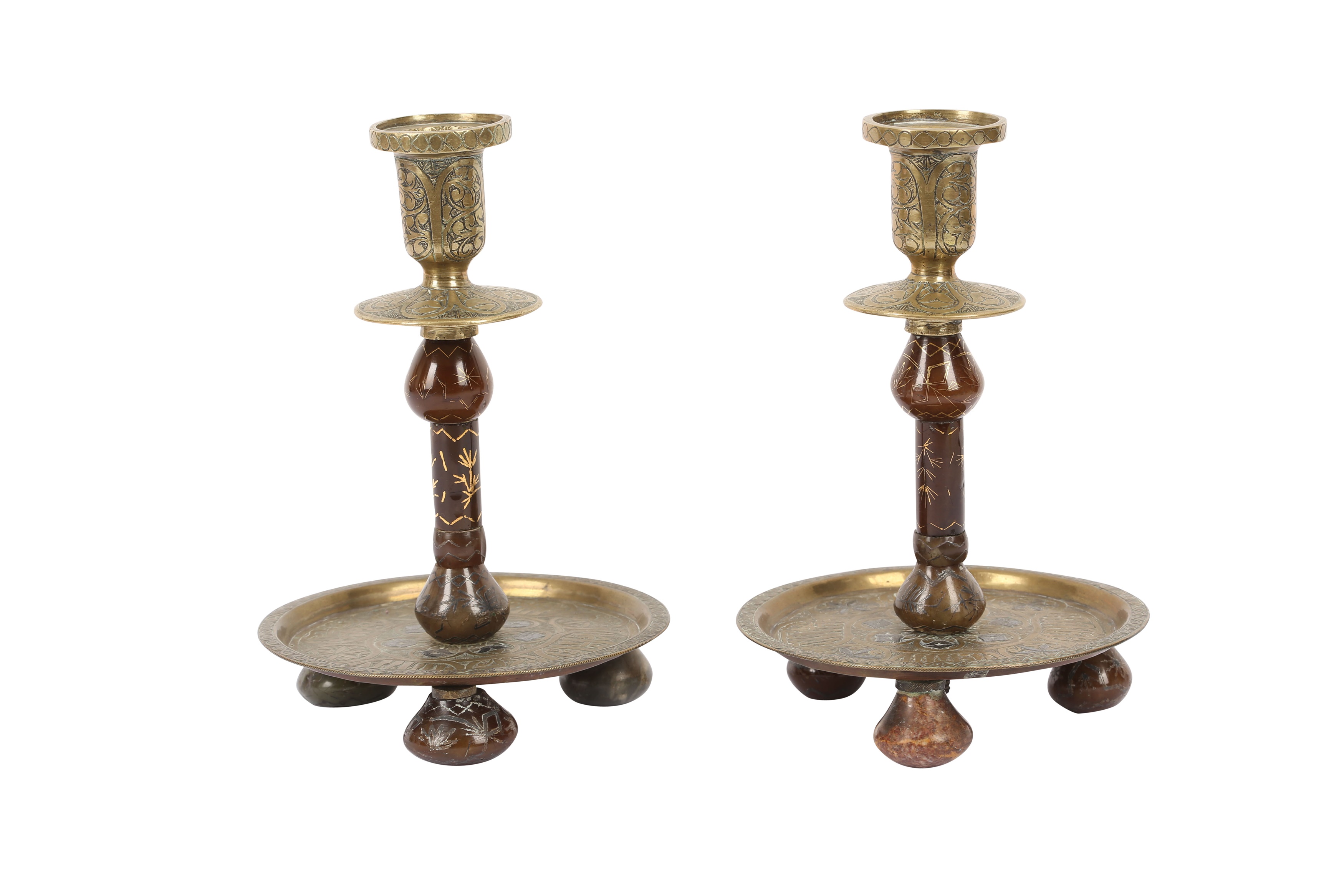 A PAIR OF INLAID AGATE AND ENGRAVED BRASS DAMASCUS-WARE CANDLESTICKS - Image 2 of 2