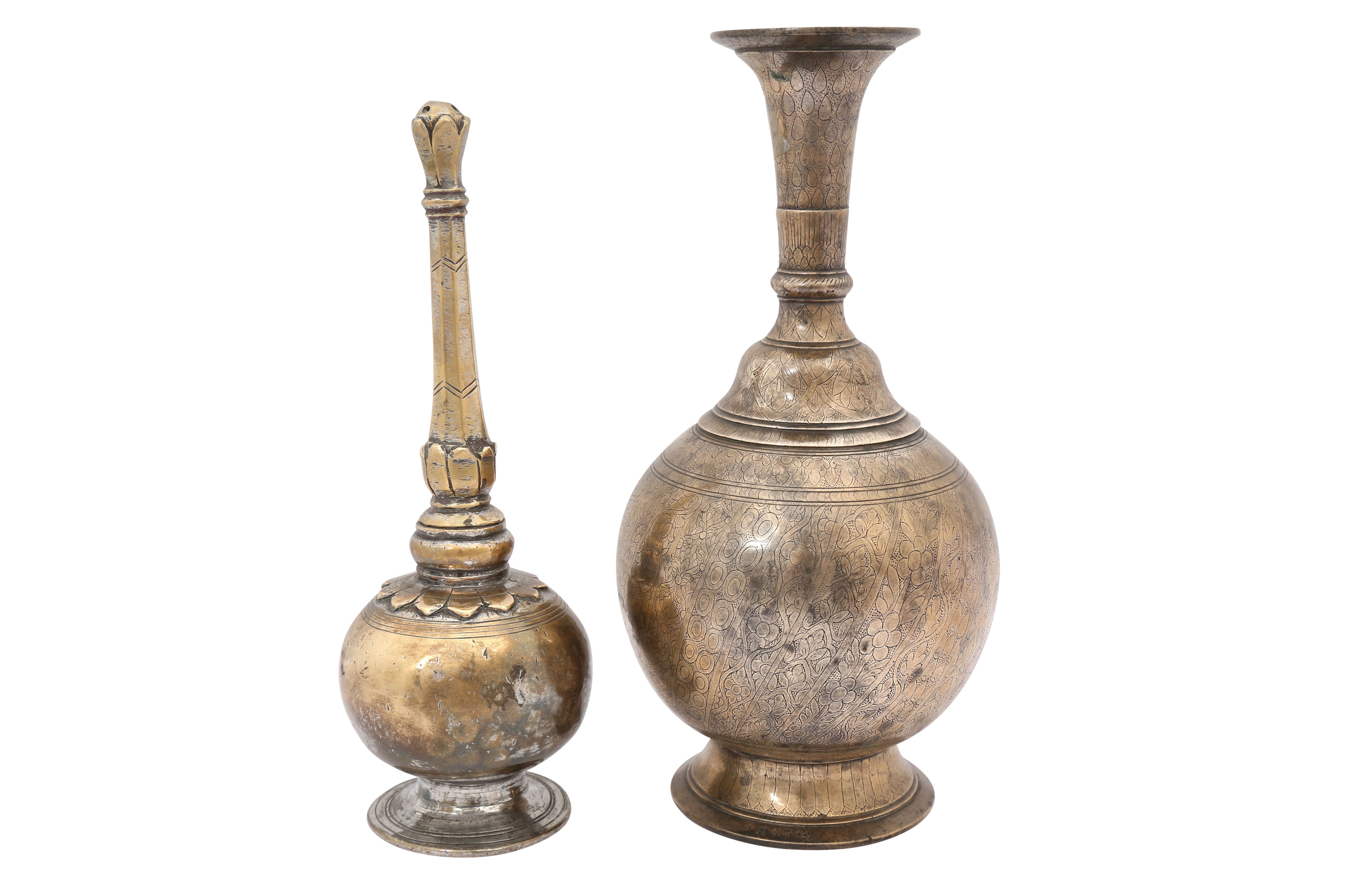 AN INDIAN BRASS BOTTLE AND ROSEWATER SPRINKLER