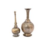 AN INDIAN BRASS BOTTLE AND ROSEWATER SPRINKLER