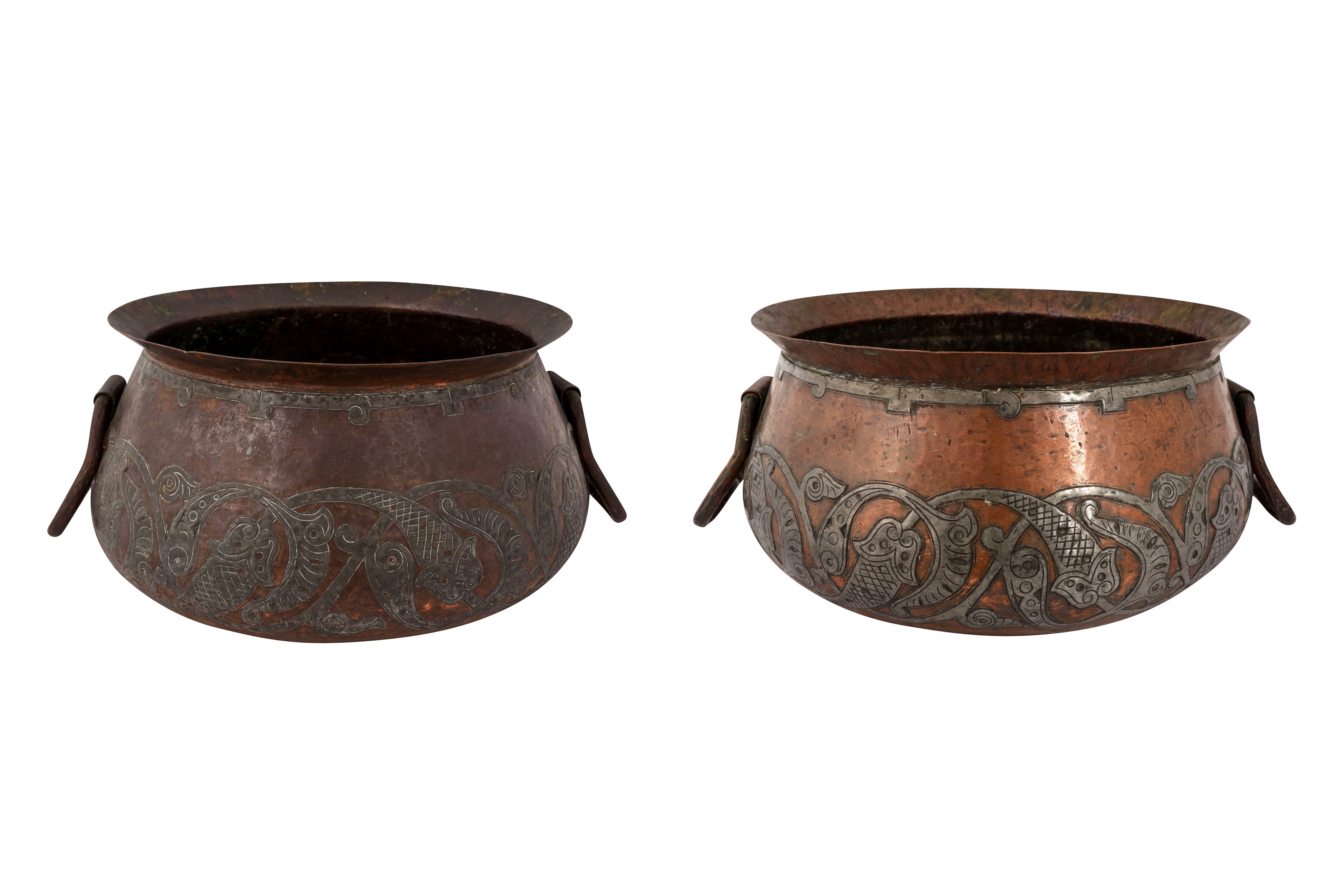 A NEAR PAIR OF ALGERIAN WHITE METAL-OVERLAID COPPER BASINS