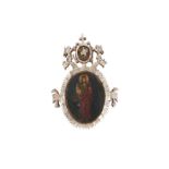 λ A MOTHER-OF-PEARL-INLAID OVAL FRAME WITH CHRISTIAN ICON