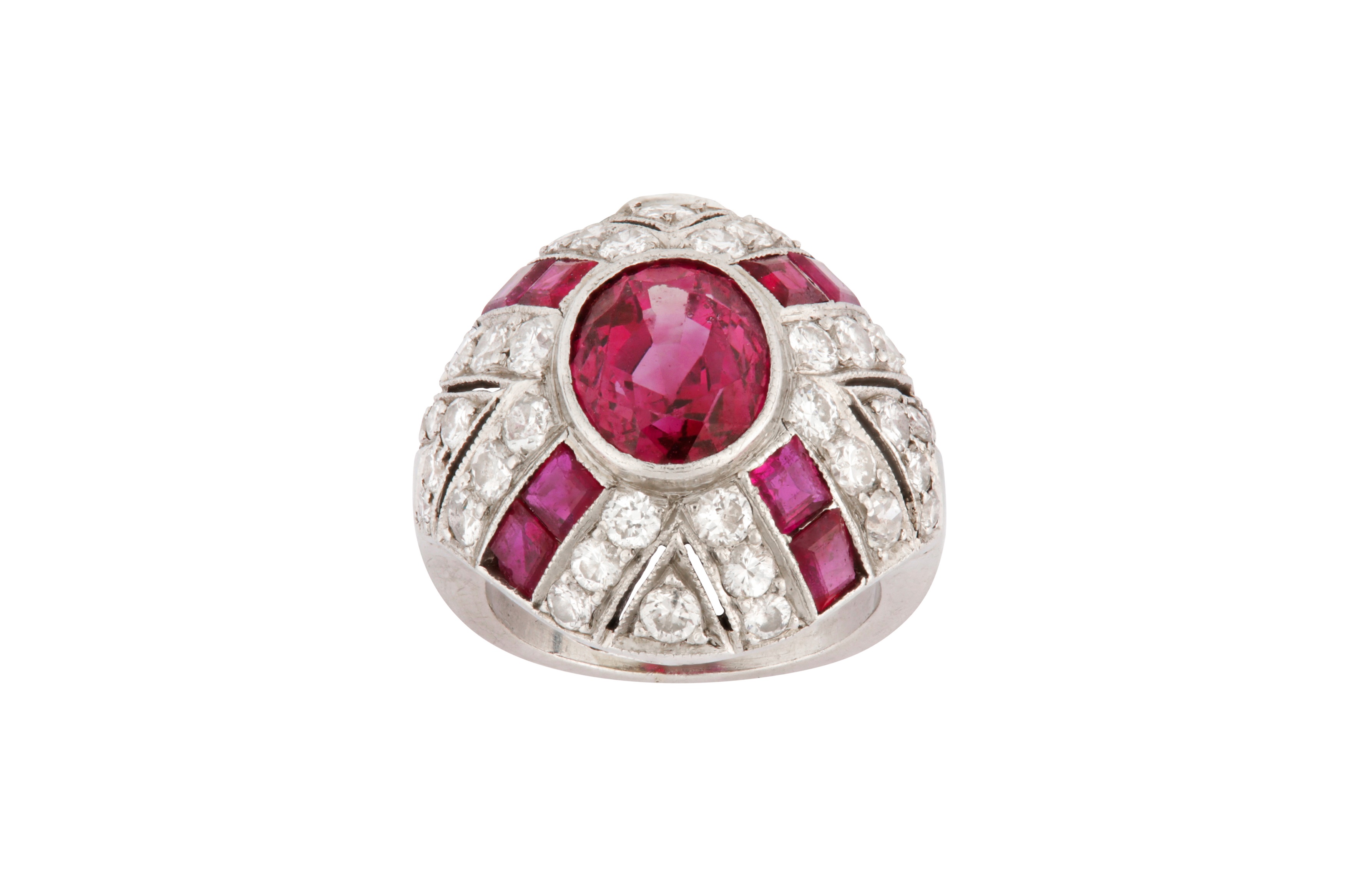 A ruby and diamond bombé ring, circa 1950