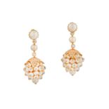 A pair of cultured pearl and diamond pendent earrings