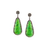 A pair of treated green turquoise and diamond earrings